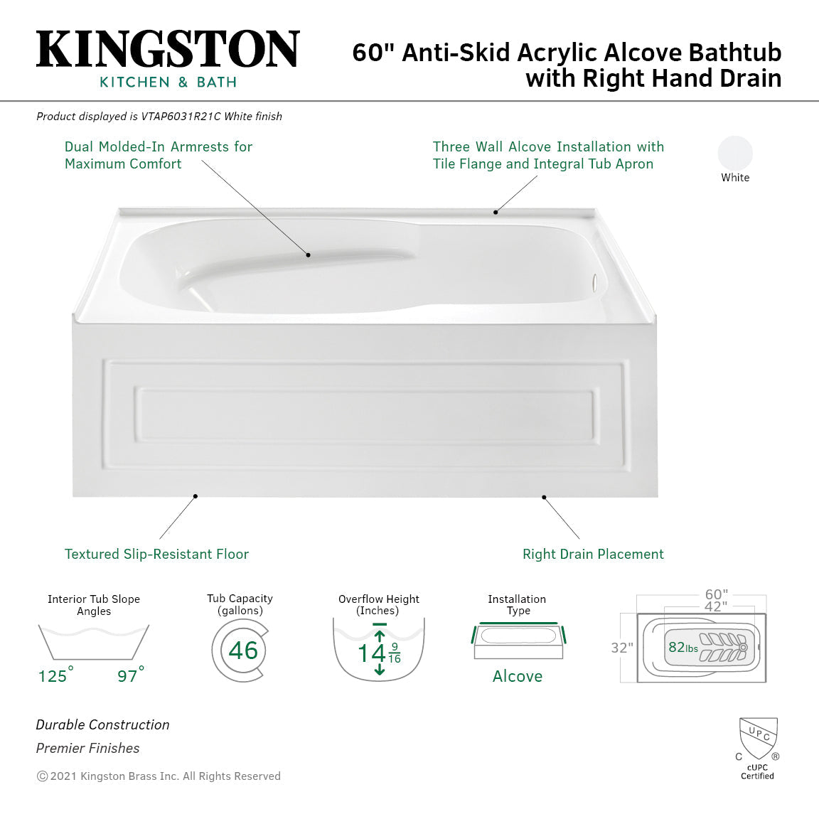 Aqua Eden VTAP6031R21C 60-Inch Anti-Skid Acrylic 3-Wall Alcove Tub with Right Hand Drain Hole, White