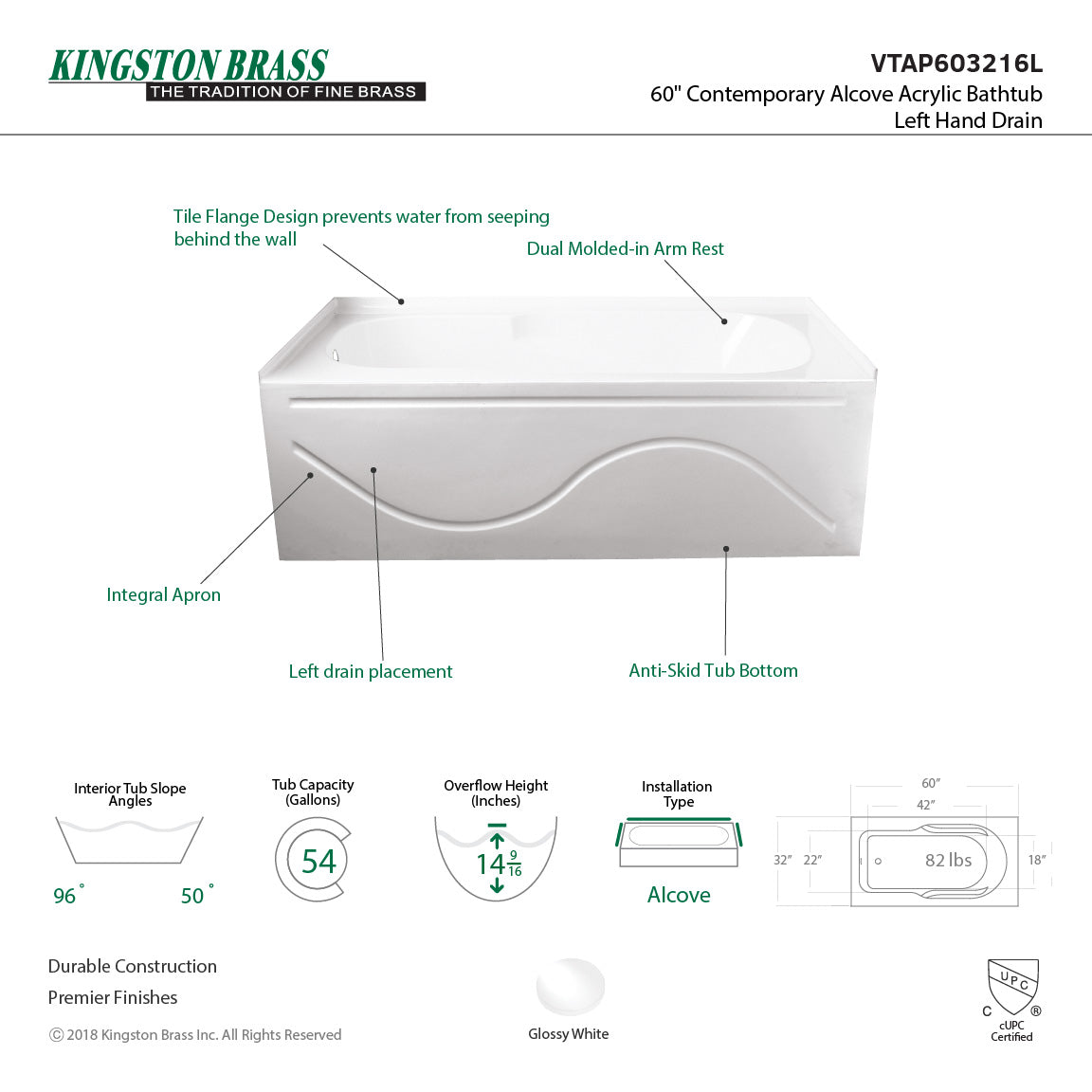 Aqua Eden VTAP603216L 60-Inch Acrylic Anti-Skid 3-Wall Alcove Tub with Left Hand Drain Hole, White