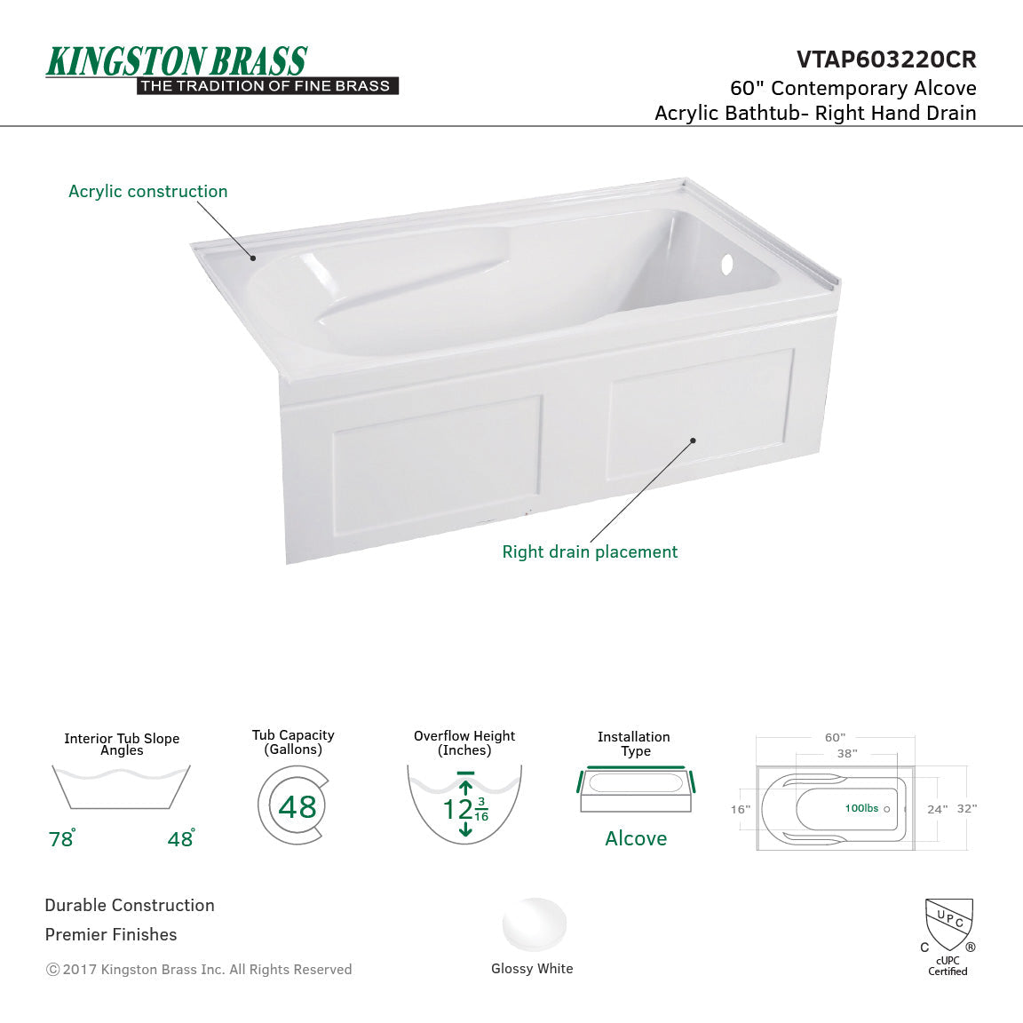 Aqua Eden VTAP603220CR 60-Inch Acrylic Anti-Skid 3-Wall Alcove Tub with Right Hand Drain Hole, White