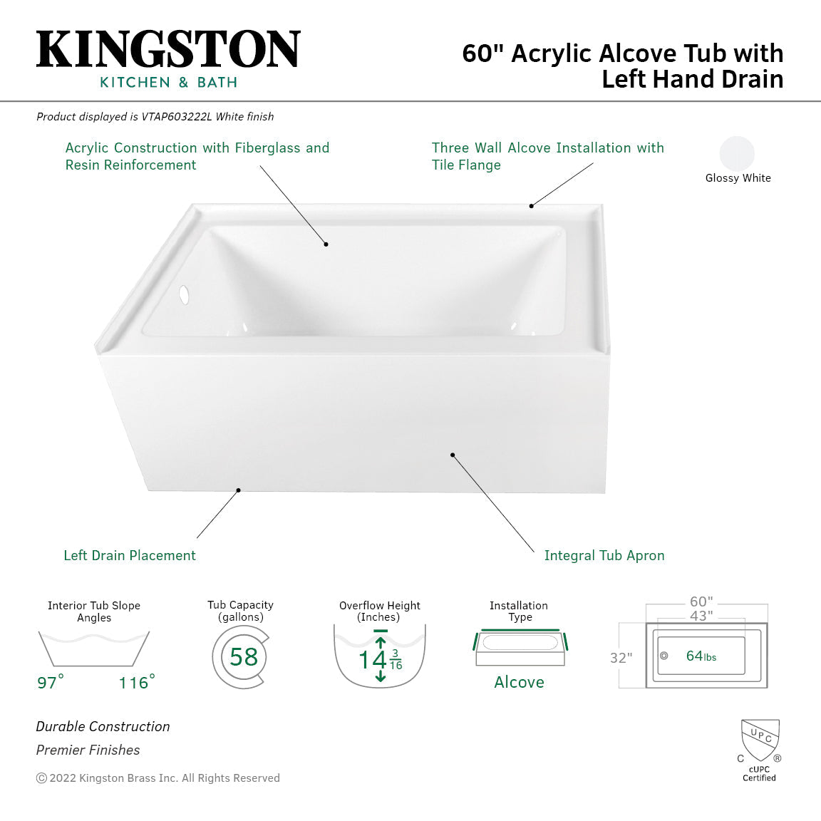 Aqua Eden VTAP603222L 60-Inch Acrylic 3-Wall Alcove Tub with Left Hand Drain Hole, White