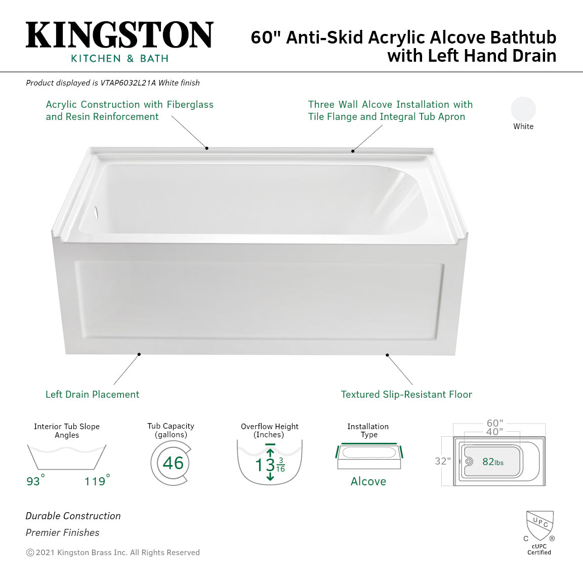 Aqua Eden VTAP6032L21A 60-Inch Anti-Skid Acrylic 3-Wall Alcove Tub with Left Hand Drain Hole, White