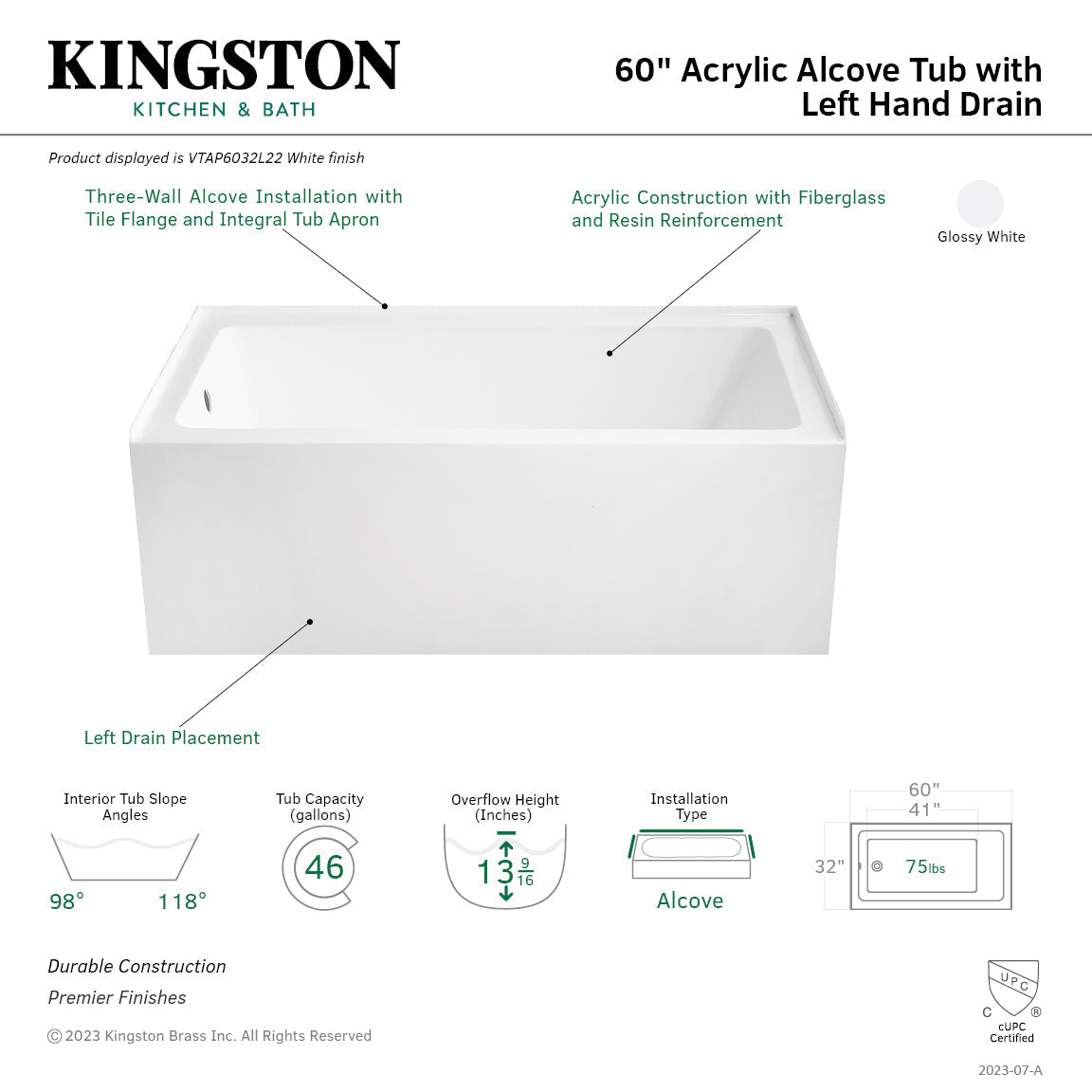 Aqua Eden VTAP6032L22 60-Inch Acrylic 3-Wall Alcove Tub with Left Hand Drain Hole, Glossy White