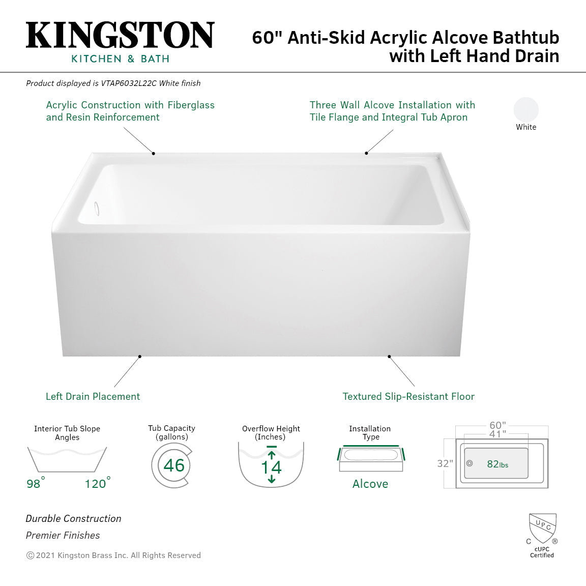Aqua Eden VTAP6032L22C 60-Inch Anti-Skid Acrylic 3-Wall Alcove Tub with Left Hand Drain Hole, White