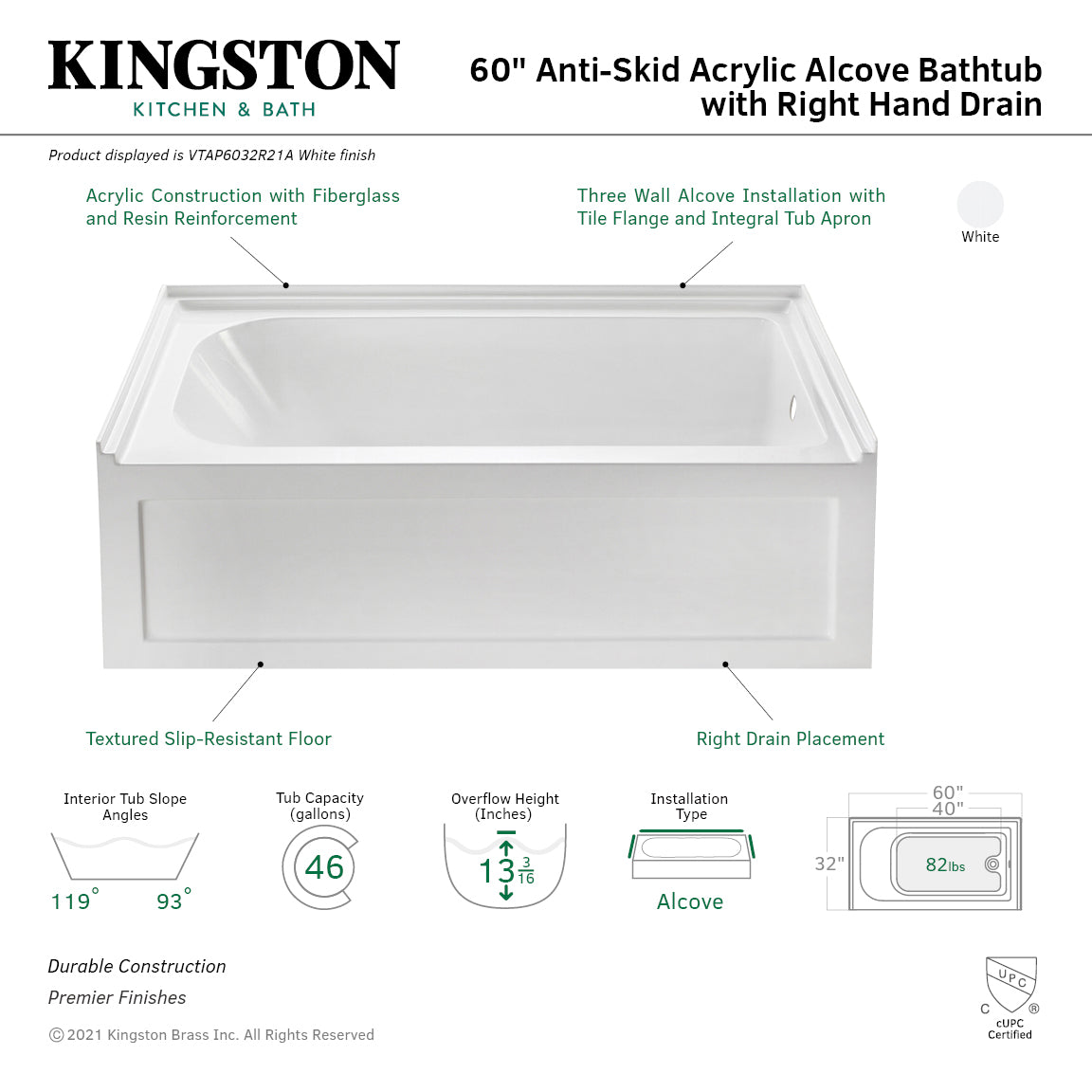 Aqua Eden VTAP6032R21A 60-Inch Anti-Skid Acrylic 3-Wall Alcove Tub with Right Hand Drain Hole, White