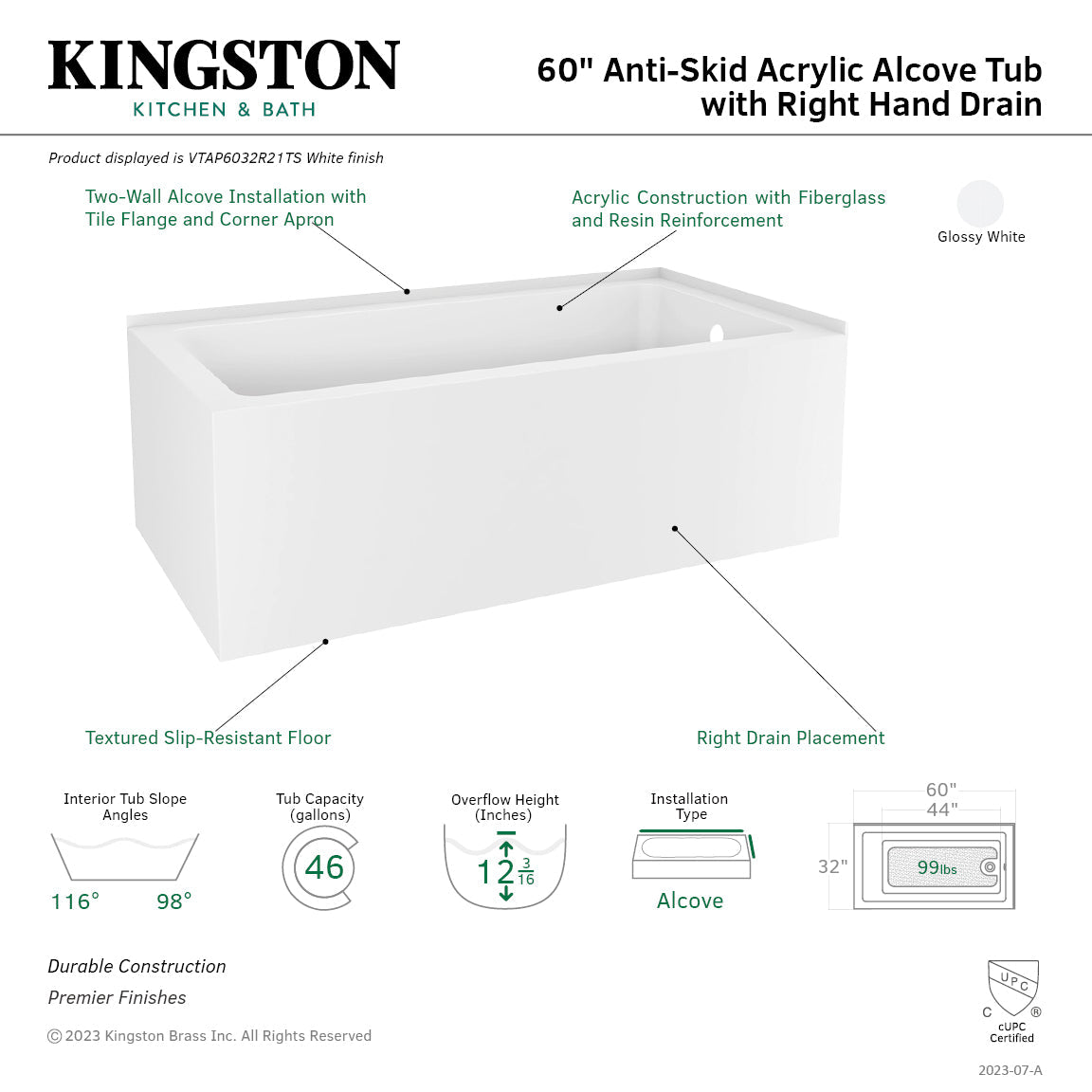 Aqua Eden VTAP6032R21TS 60-Inch Acrylic 2-Wall Corner Alcove Tub with Right Hand Drain Hole, White