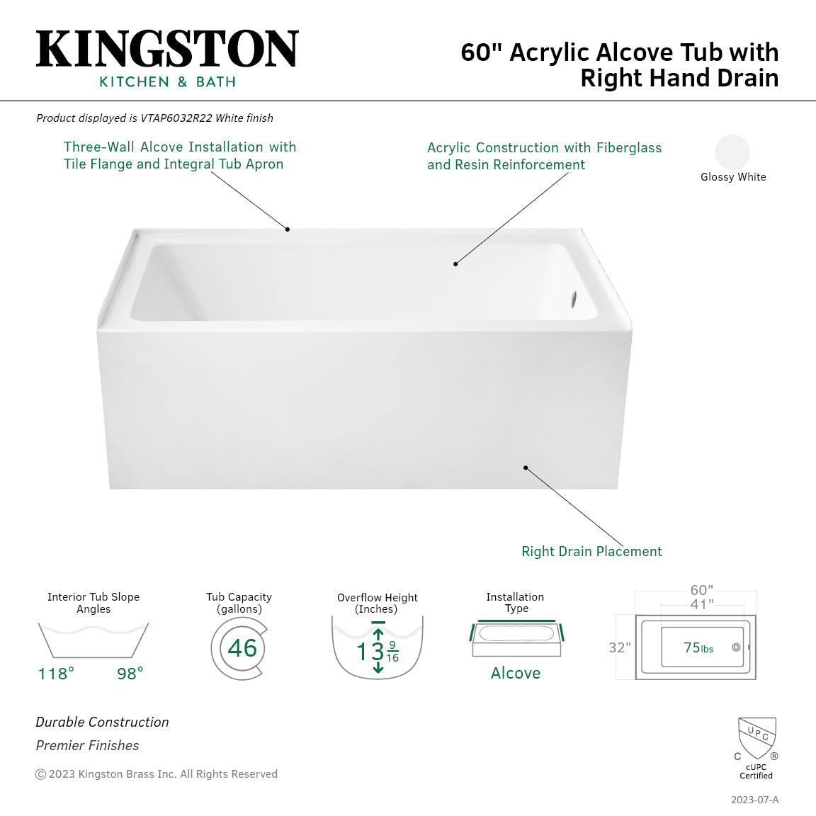 Aqua Eden VTAP6032R22 60-Inch Acrylic 3-Wall Alcove Tub with Right Hand Drain Hole, Glossy White