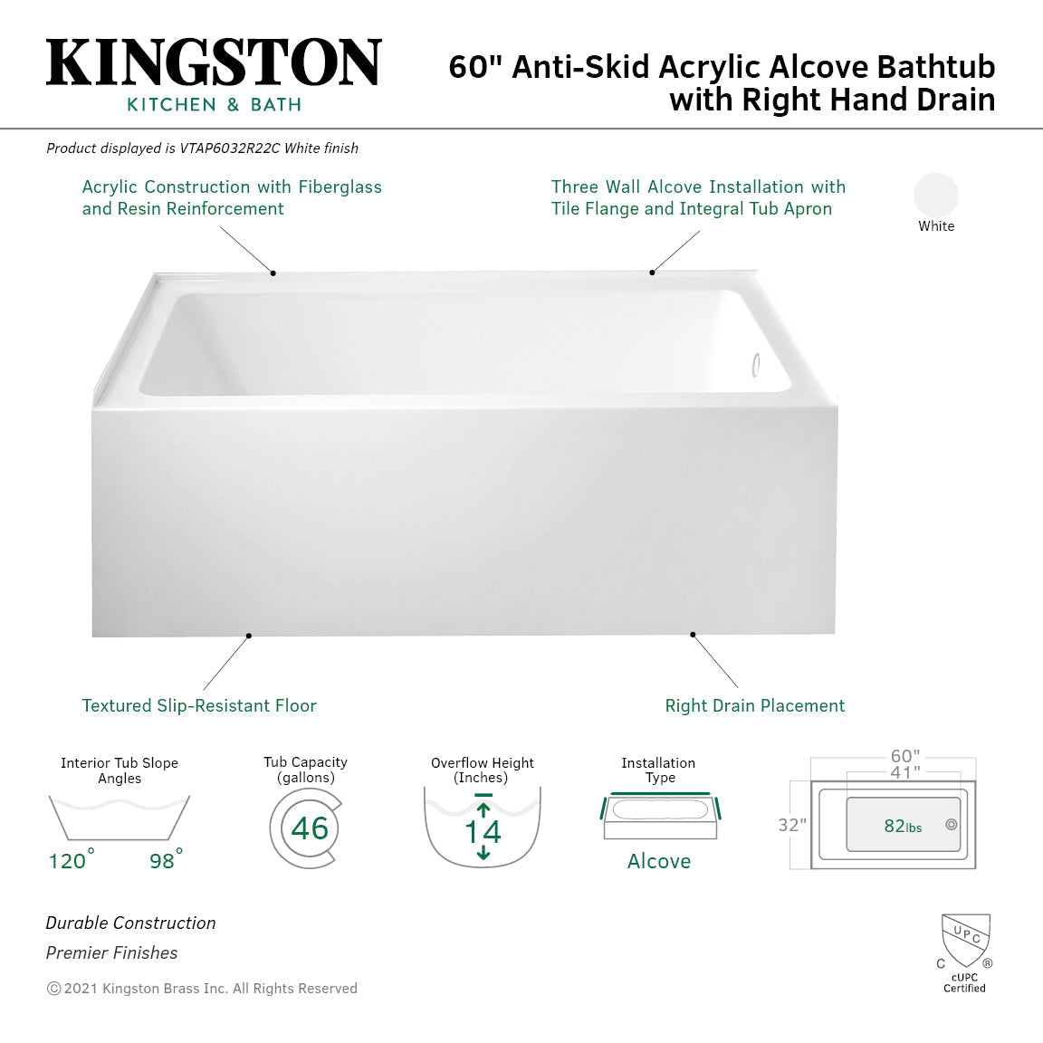 Aqua Eden VTAP6032R22C 60-Inch Anti-Skid Acrylic 3-Wall Alcove Tub with Right Hand Drain Hole, White
