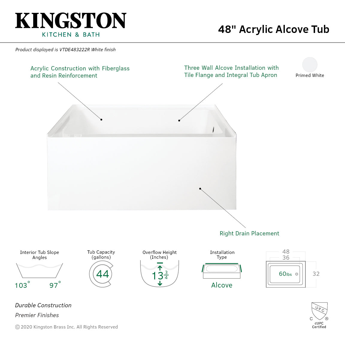 Aqua Eden VTDE483222R 48-Inch 3-Wall Alcove Tub with Right Hand Drain Hole, White