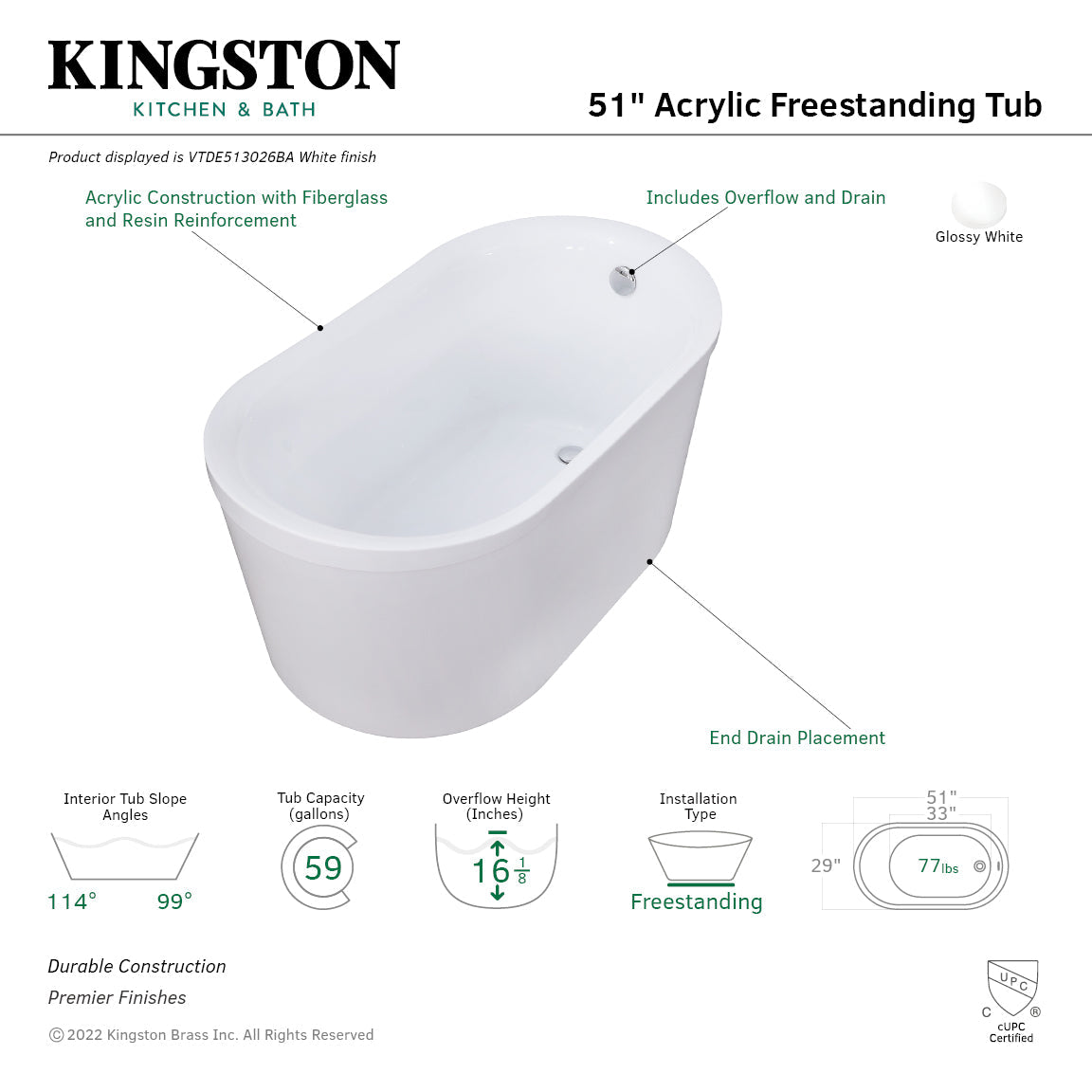 Aqua Eden VTDE513026BA 51-Inch Acrylic Freestanding Tub with Drain, Glossy White