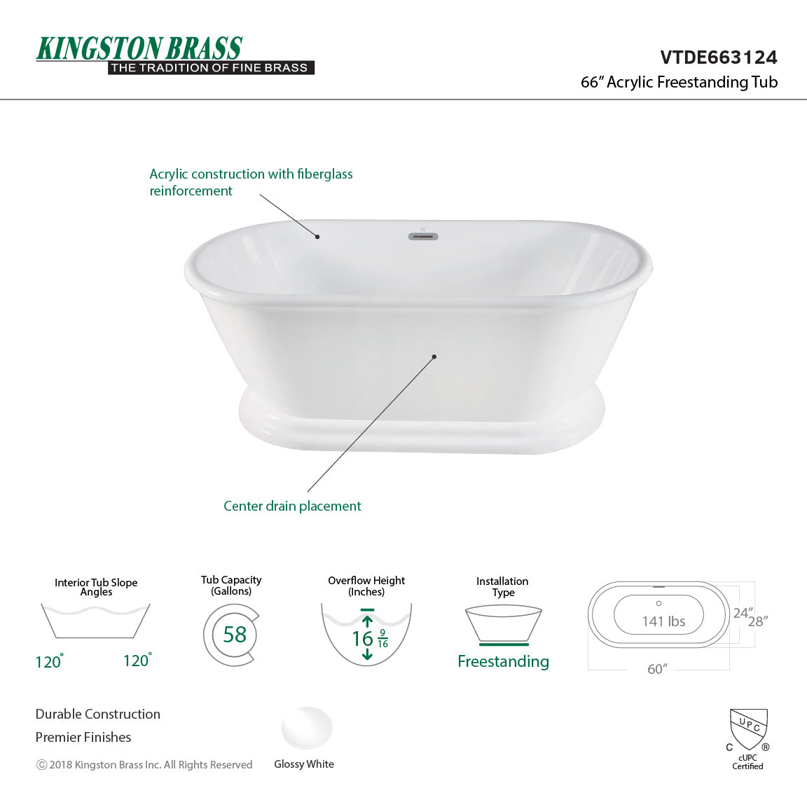 Aqua Eden VTDE663124 66-Inch Acrylic Double Ended Pedestal Tub with Square Overflow and Pop-Up Drain, White