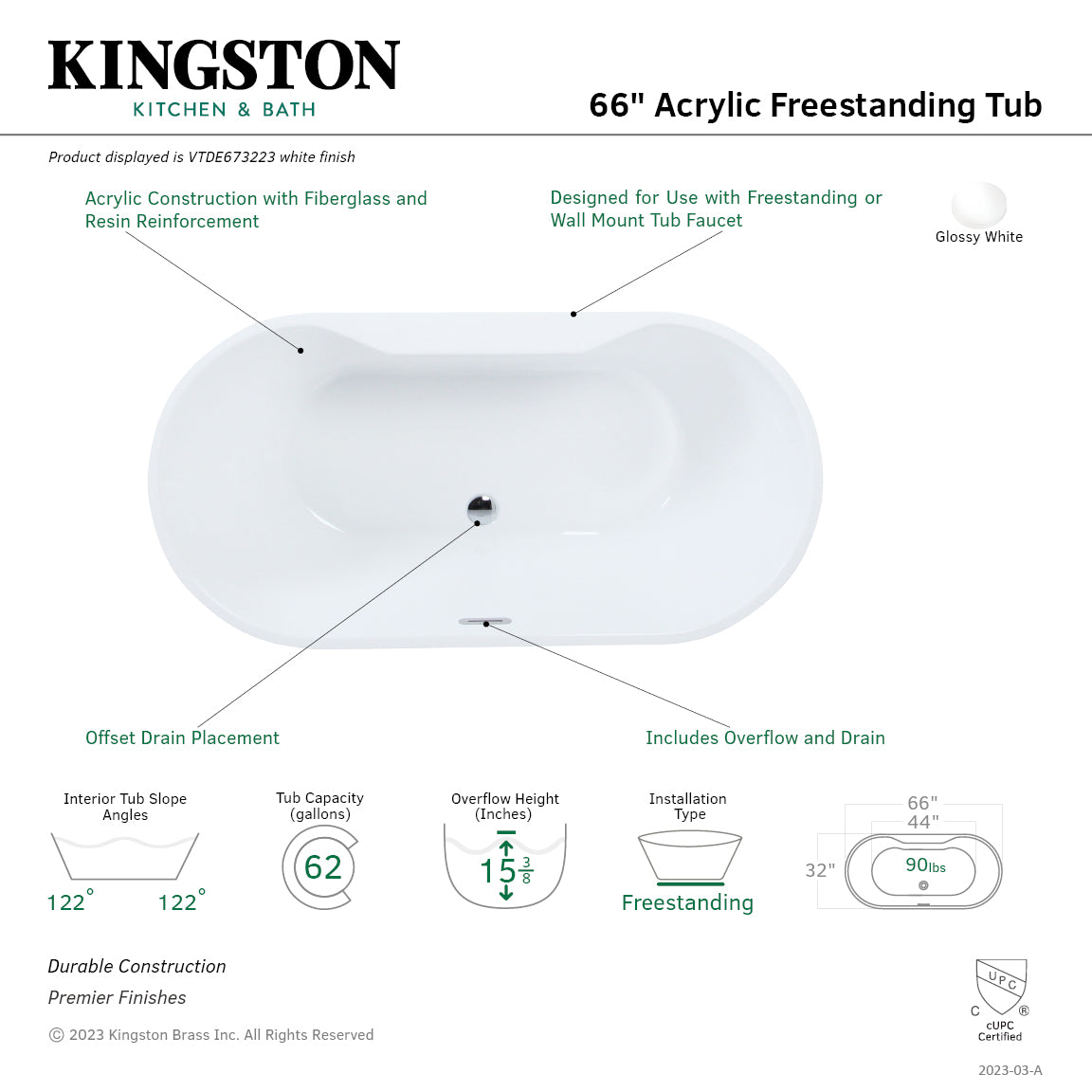 Aqua Eden VTDE673223 66.5-Inch Acrylic Freestanding Tub with Drain, Glossy White