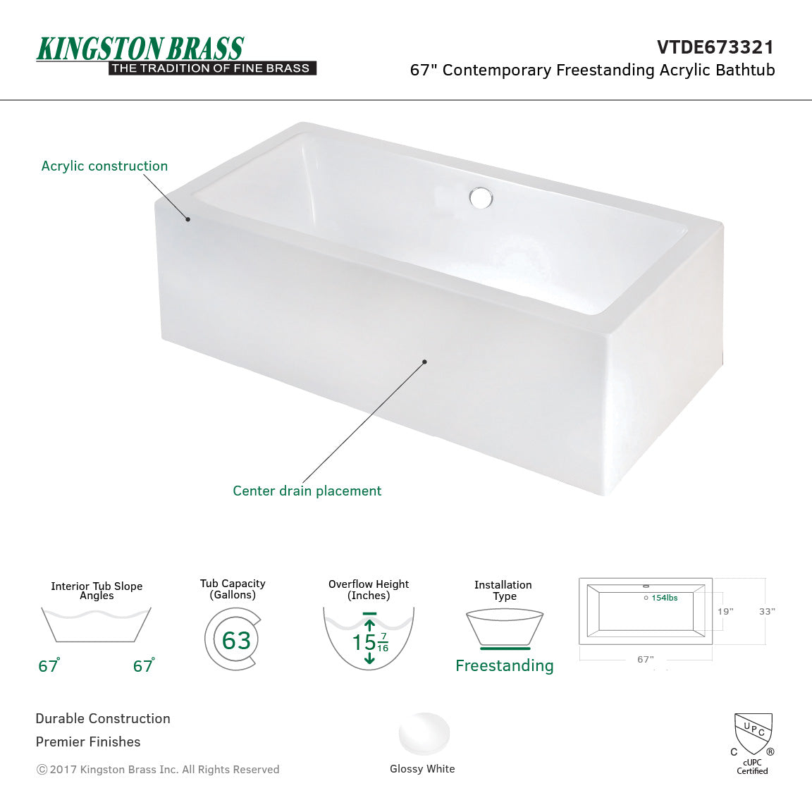 Aqua Eden VTDE673321 67-Inch Acrylic Double Ended Freestanding Tub with Drain, White