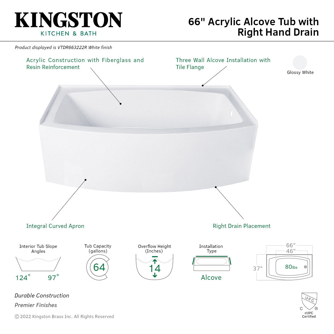 Aqua Eden VTDR663222R 66-Inch Acrylic Curved Apron 3-Wall Alcove Tub with Right Hand Drain, Glossy White