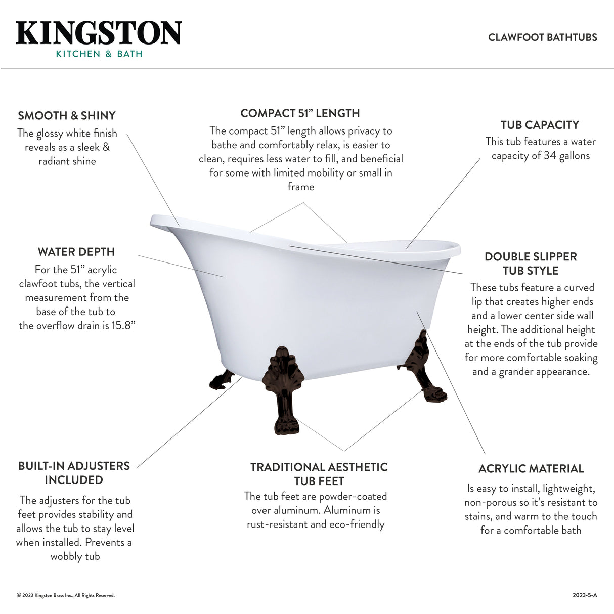 Aqua Eden VTND512824WAC1 51-Inch Acrylic Single Slipper Clawfoot Tub (No Faucet Drillings), White/Polished Chrome