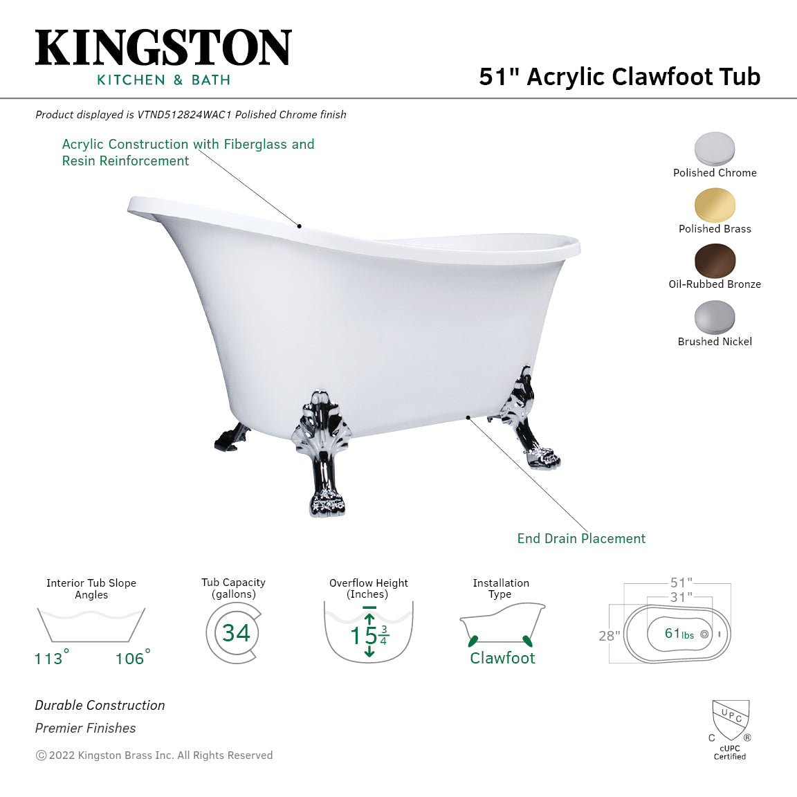 Aqua Eden VTND512824WAC2 51-Inch Acrylic Single Slipper Clawfoot Tub (No Faucet Drillings), White/Polished Brass