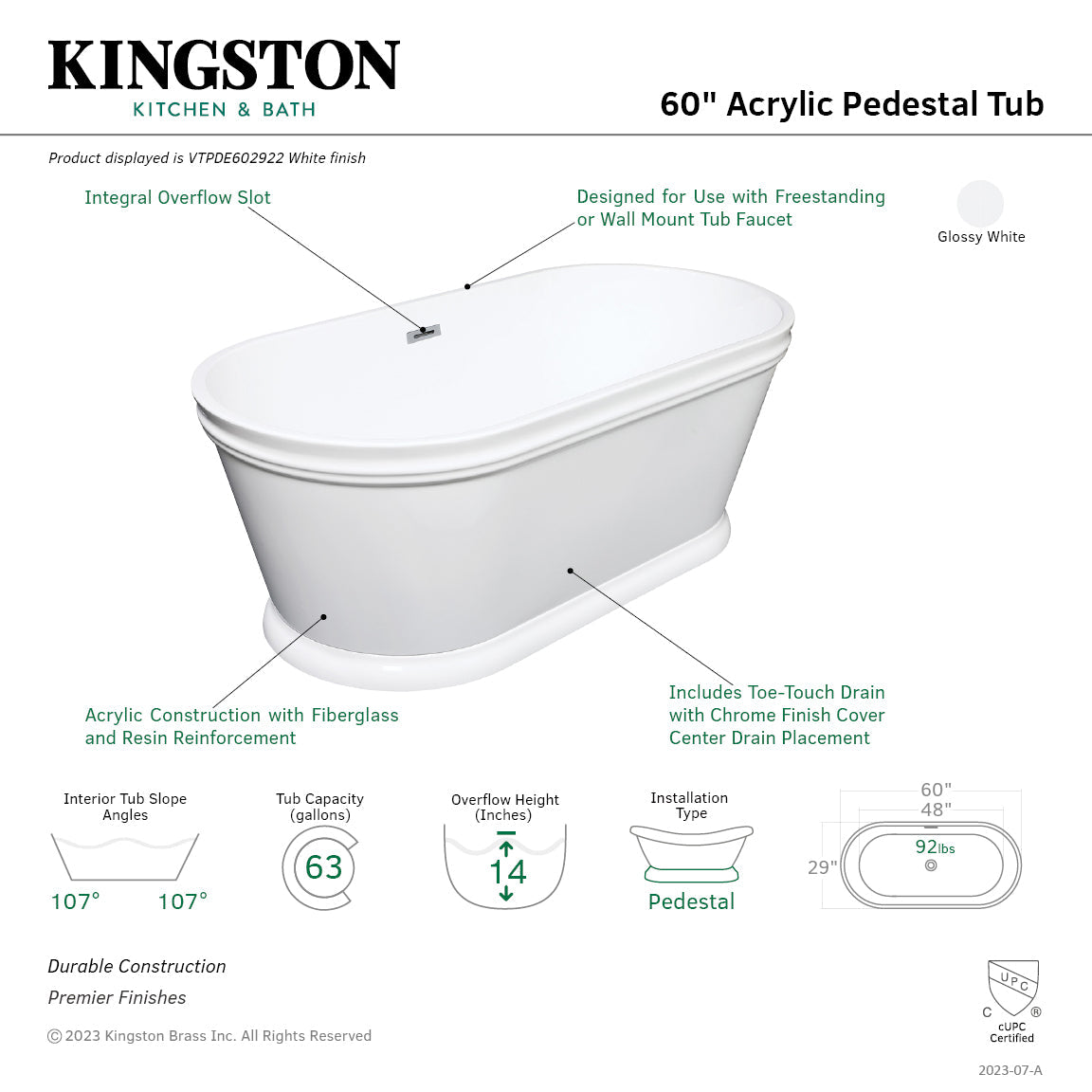 Aqua Eden VTPDE602922 60-Inch Acrylic Double Ended Pedestal Tub with Drain (No Faucet Drillings), Glossy White