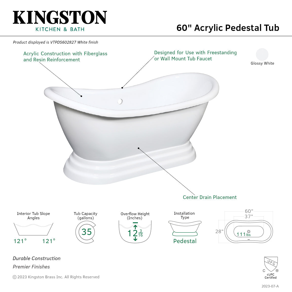 Aqua Eden VTPDS602827 60-Inch Acrylic Double Slipper Pedestal Tub (No Faucet Drillings), Glossy White