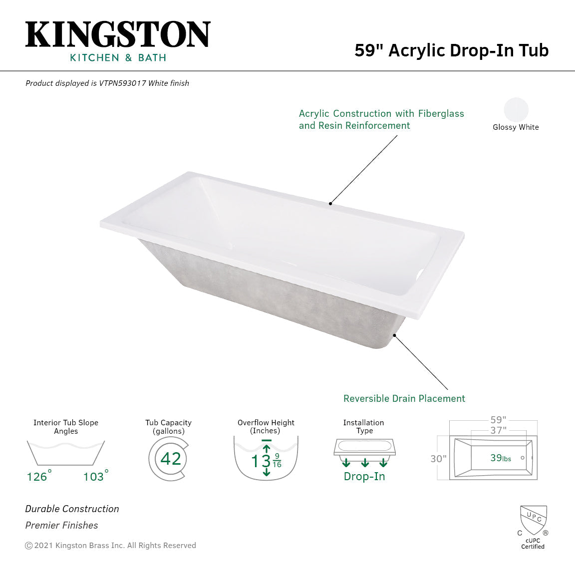 Aqua Eden VTPN593017 59-Inch Acrylic Rectangular Drop-In Tub with Reversible Drain Hole, White