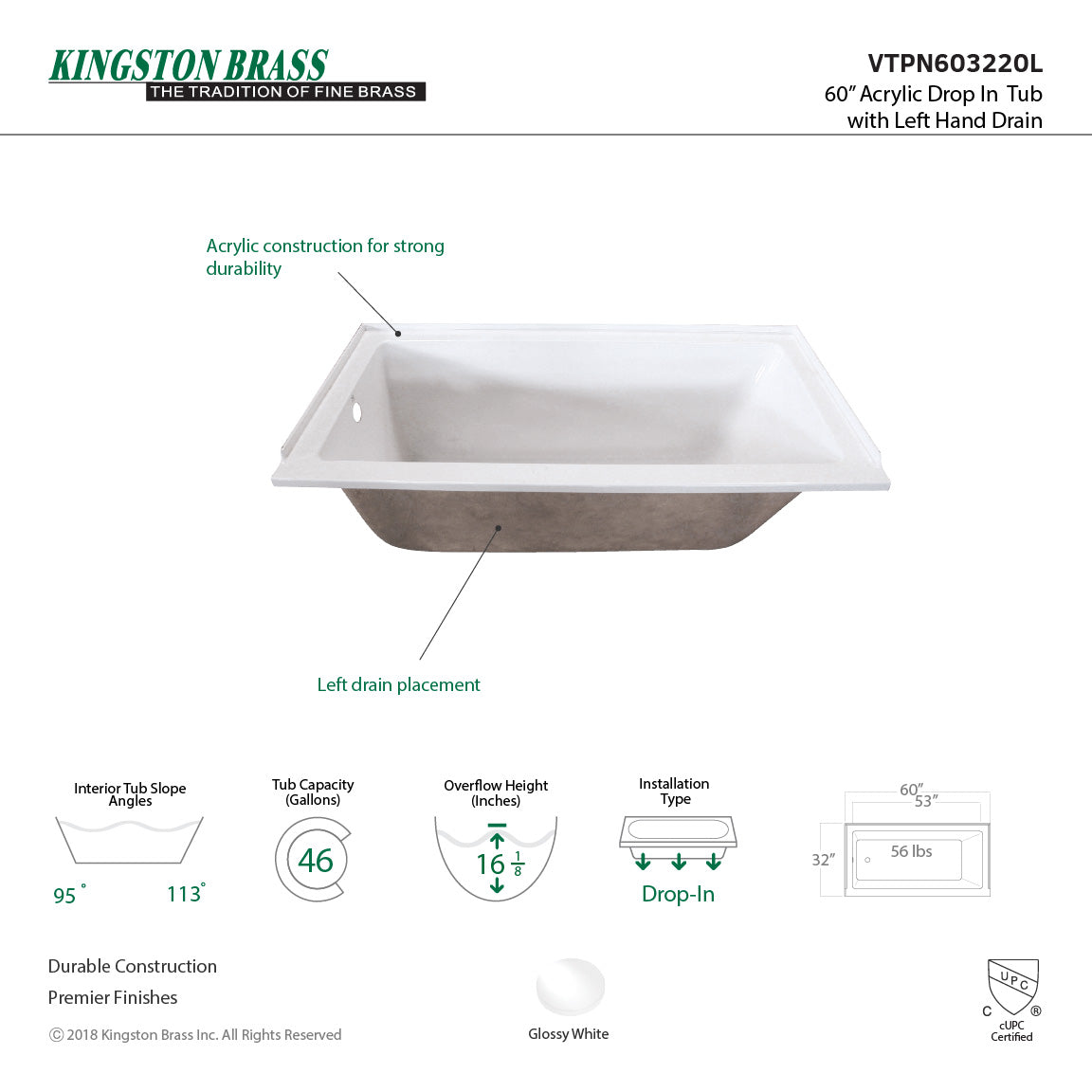 Aqua Eden VTPN603220L 60-Inch Acrylic Rectangular Drop-In Tub with Left Hand Drain, White