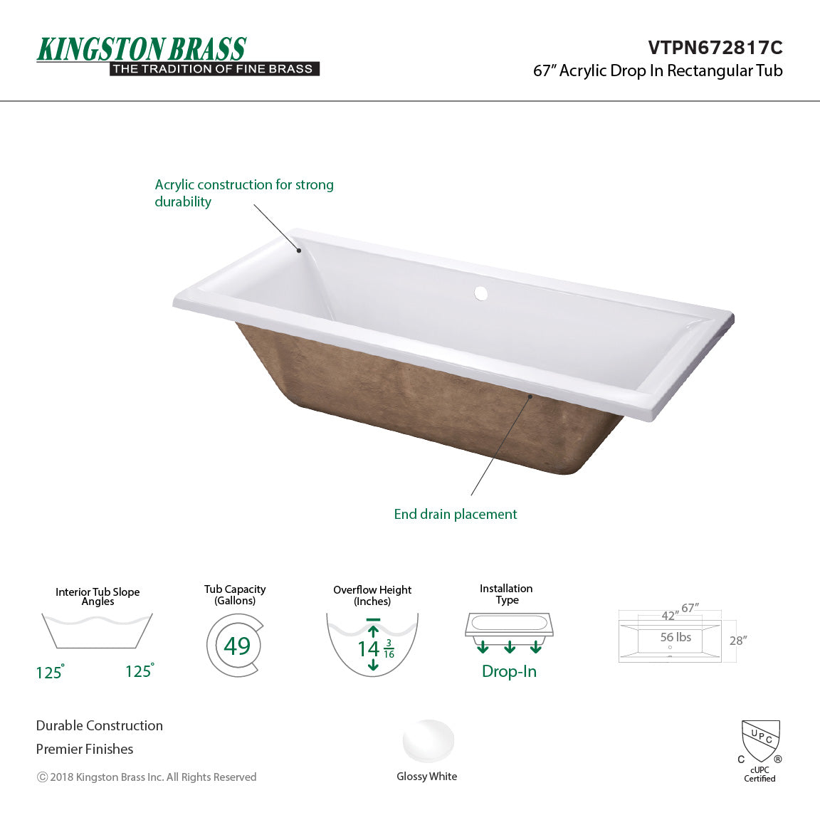 Aqua Eden VTPN672817C 67-Inch Acrylic Rectangular Drop-In Tub with Center Drain Hole, White