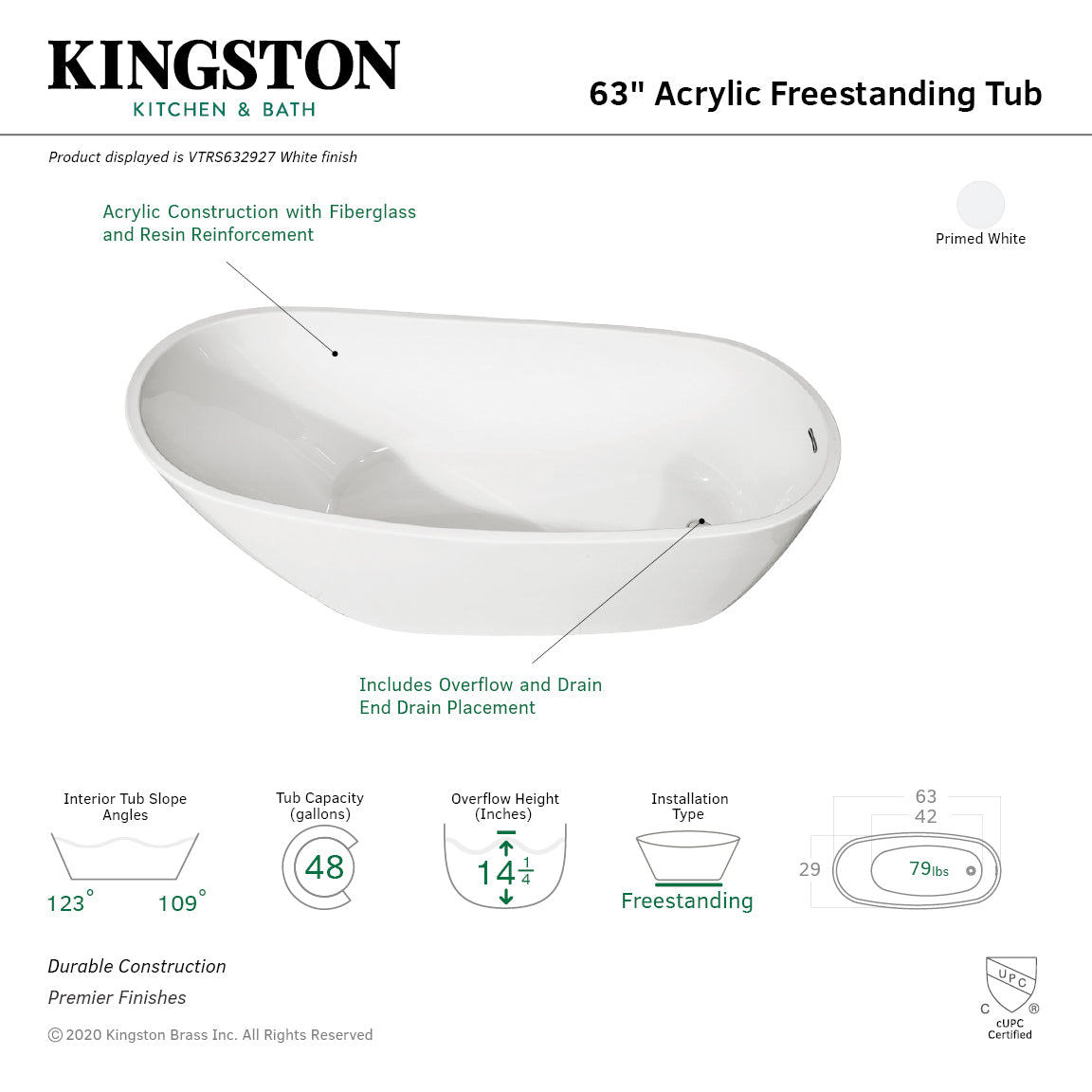Aqua Eden VTRS632927 63-Inch Acrylic Single Slipper Freestanding Tub with Drain, White
