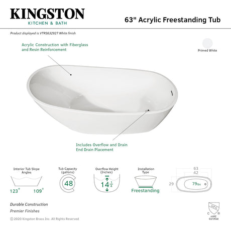 Aqua Eden VTRS632927 63-Inch Acrylic Single Slipper Freestanding Tub with Drain, White