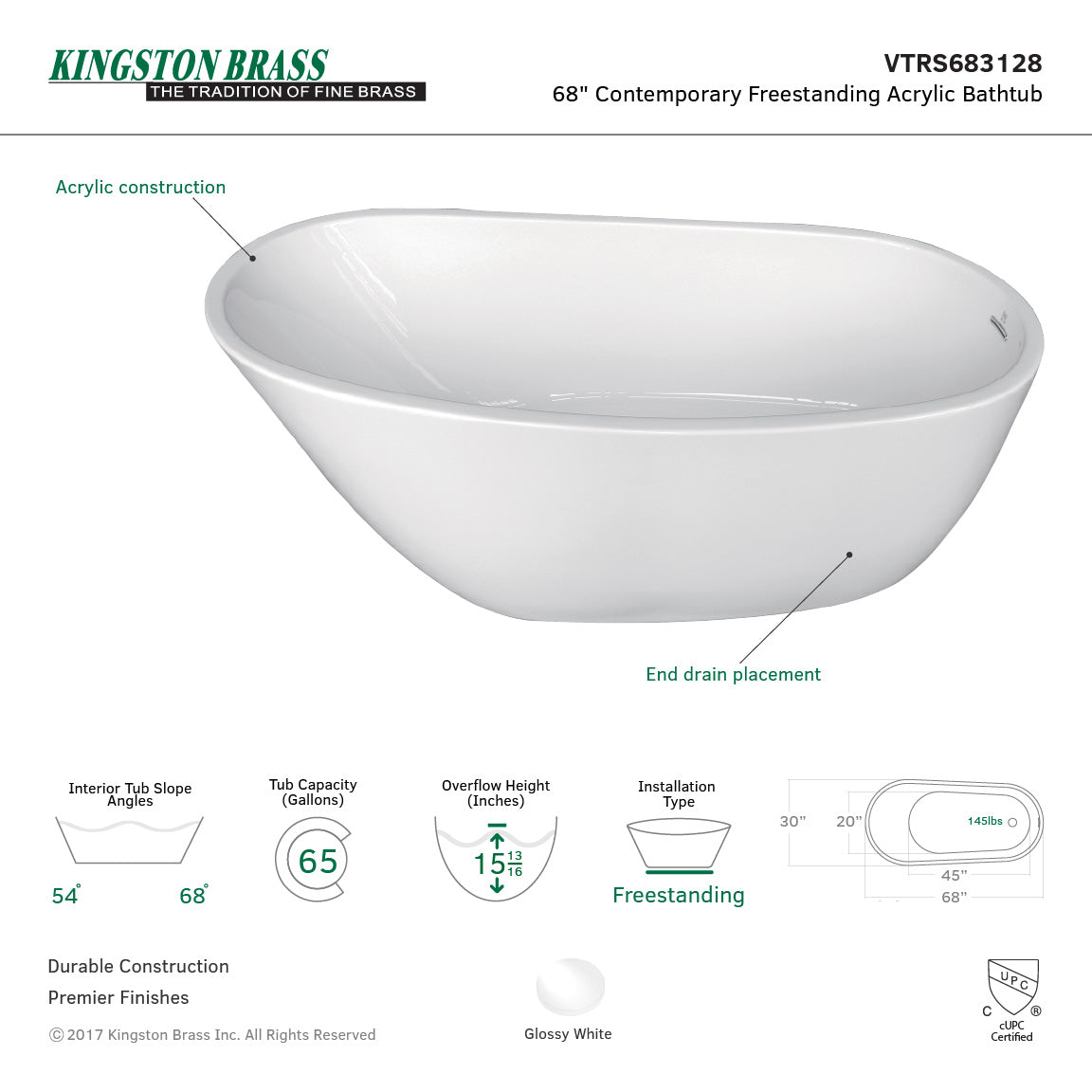 Aqua Eden VTRS683128 68-Inch Acrylic Single Slipper Freestanding Tub with Drain, White
