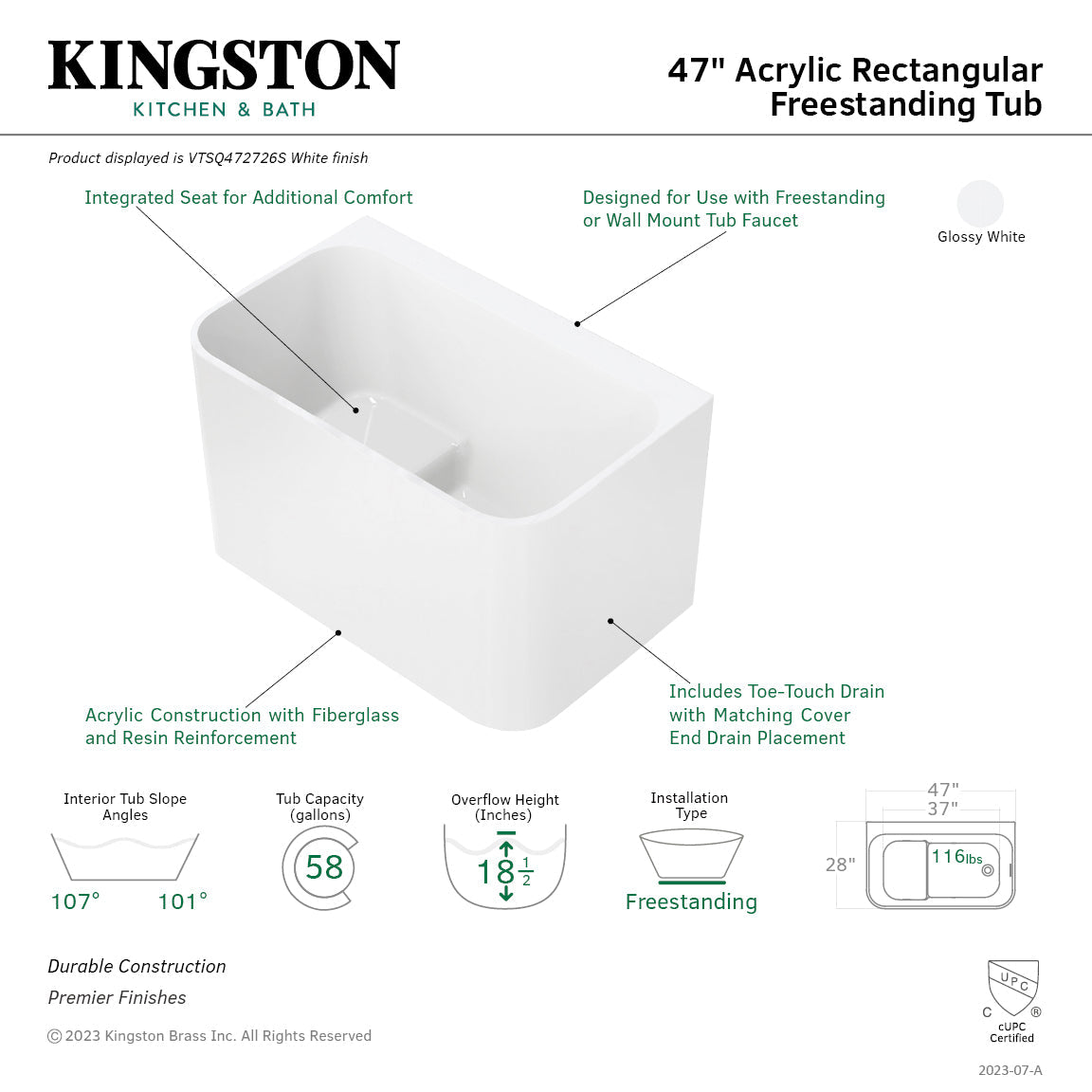 Aqua Eden VTSQ472726S 47-Inch Rectangular Acrylic Freestanding Tub with Drain and Integrated Seat, Glossy White