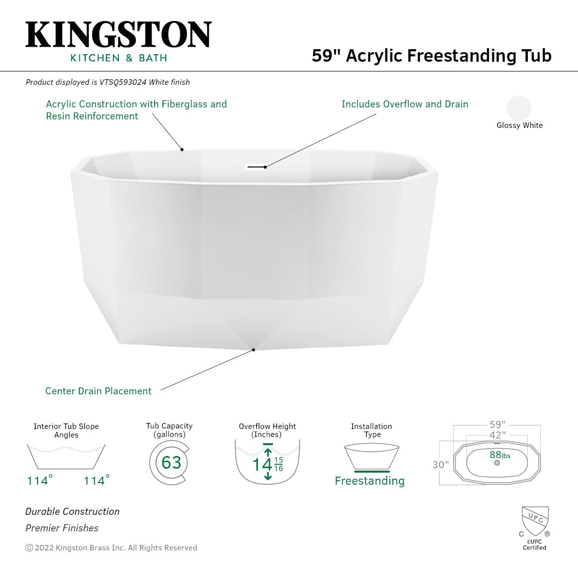 Aqua Eden VTSQ593024 59-Inch Acrylic Freestanding Tub with Drain, Glossy White