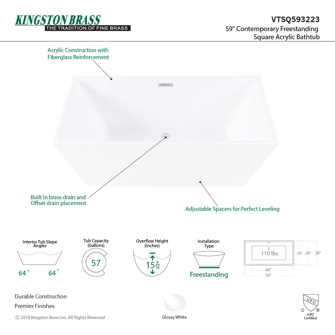 Aqua Eden VTSQ593223 59-Inch Acrylic Freestanding Tub with Drain, White