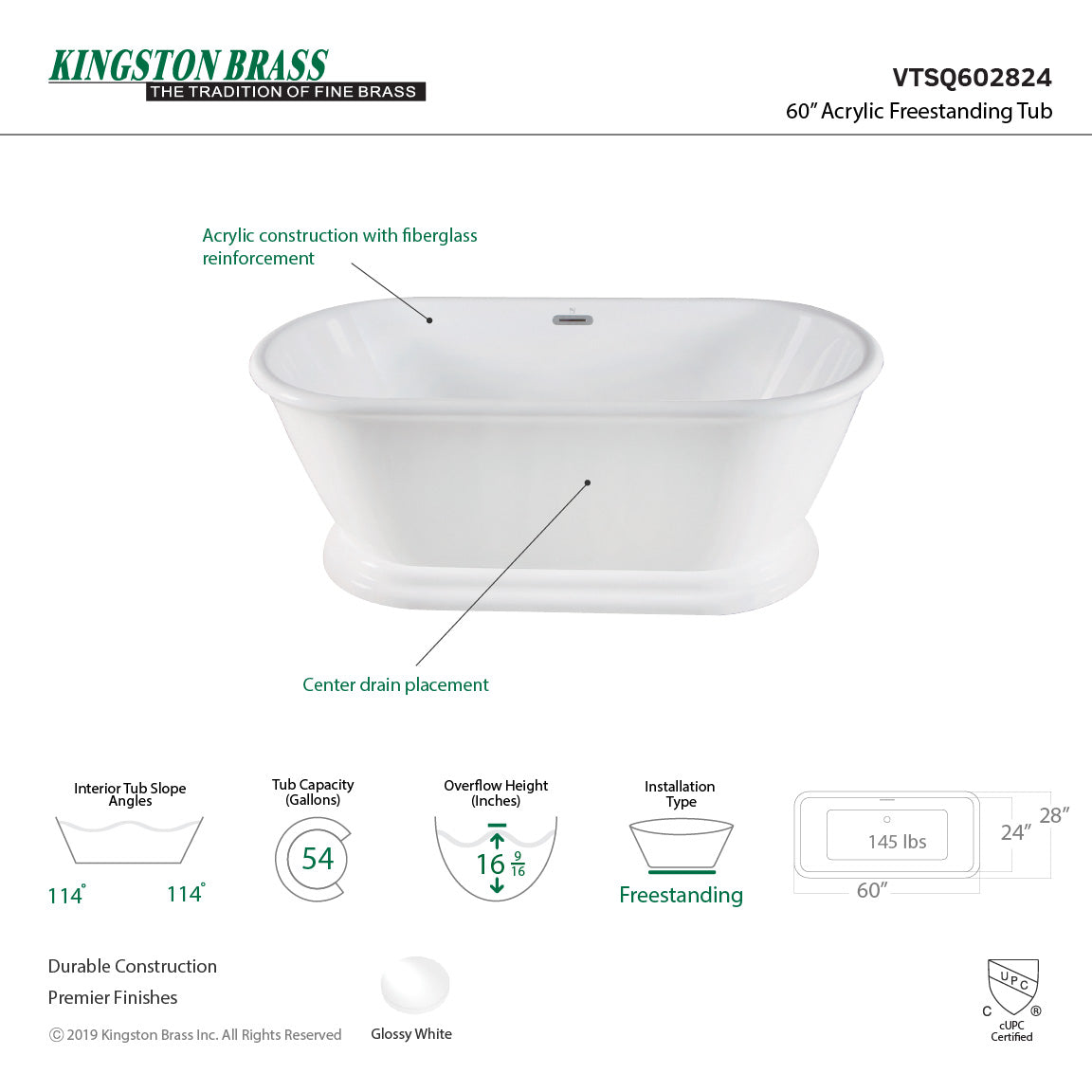 Aqua Eden VTSQ602824 60-Inch Acrylic Double Ended Pedestal Tub with Square Overflow and Pop-Up Drain, White
