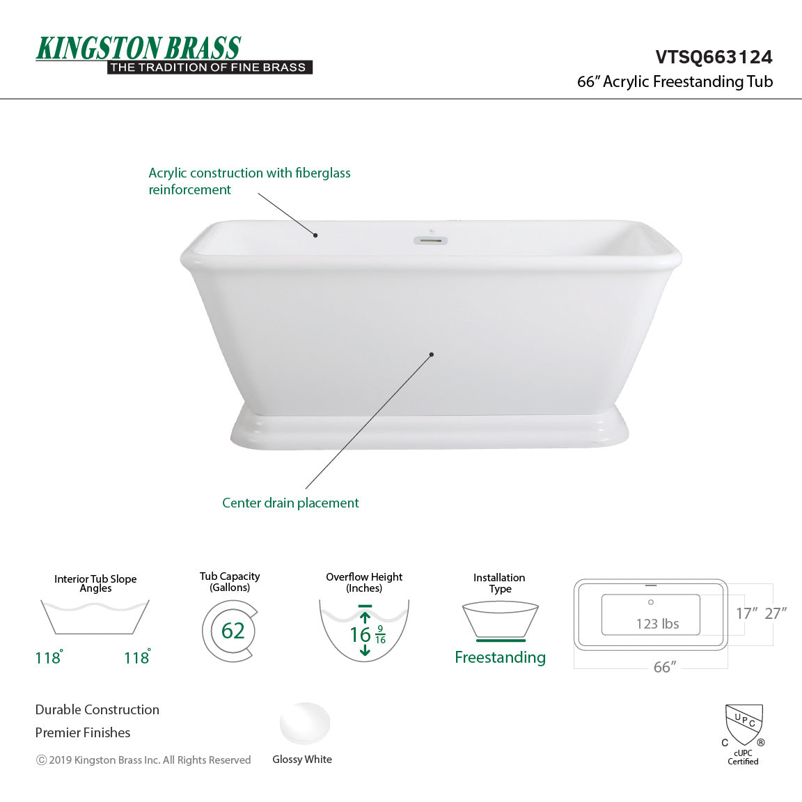 Aqua Eden VTSQ663124 66-Inch Acrylic Double Ended Pedestal Tub with Square Overflow and Pop-Up Drain, White