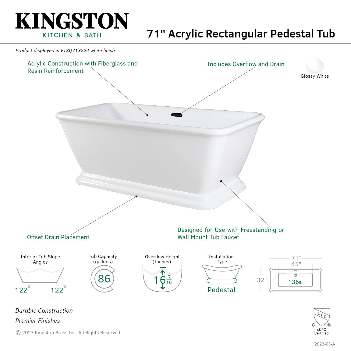 Aqua Eden VTSQ713224 71-Inch Acrylic Rectangular Pedestal Bathtub with Drain, Glossy White