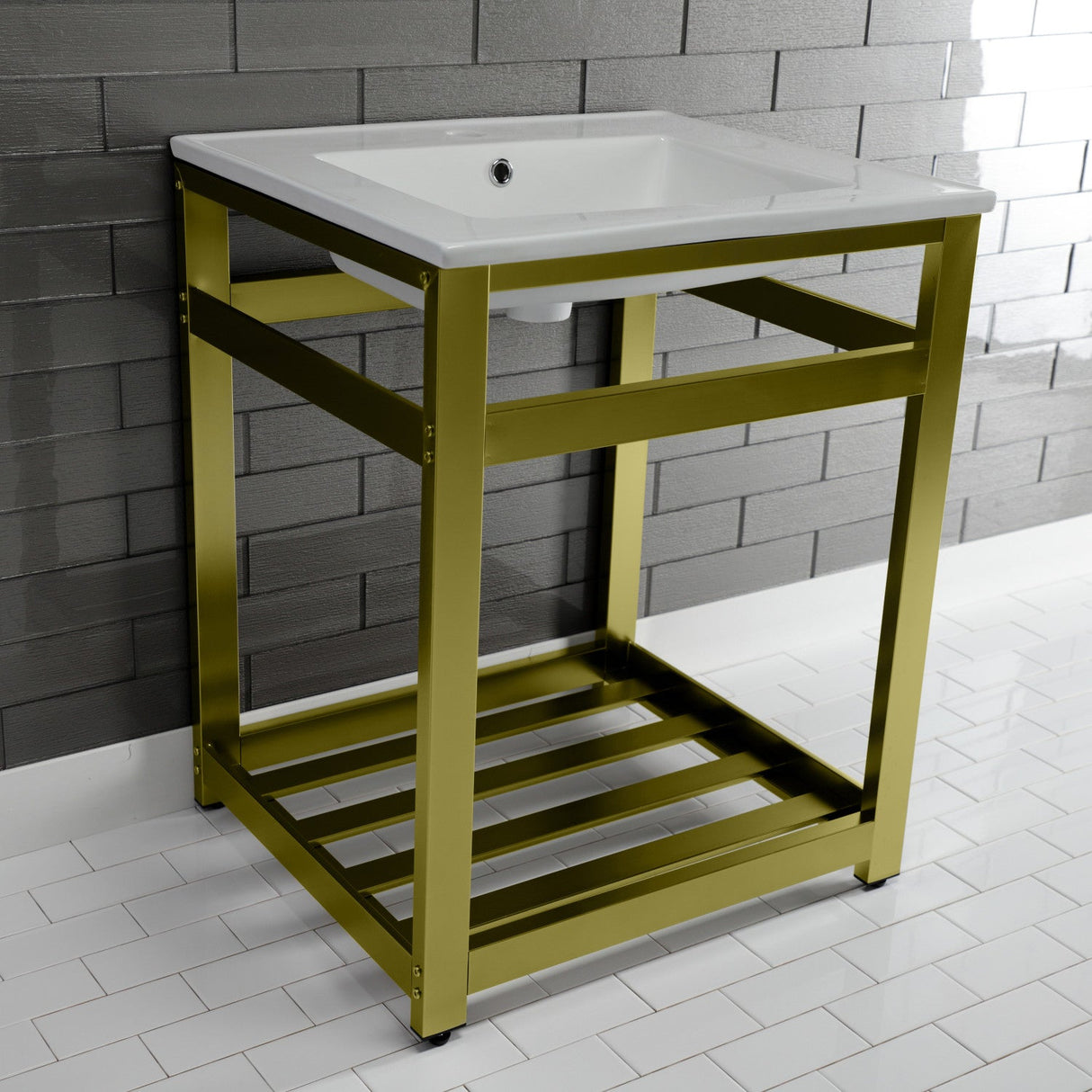 Fauceture VWP2522A7 25-Inch Ceramic Console Sink Set, White/Brushed Brass