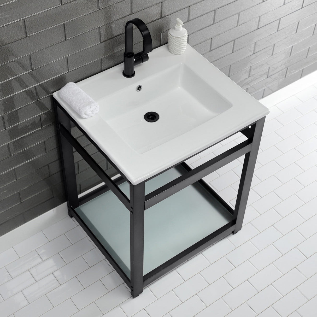 Fauceture VWP2522B0 25-Inch Ceramic Console Sink Set, White/Matte Black