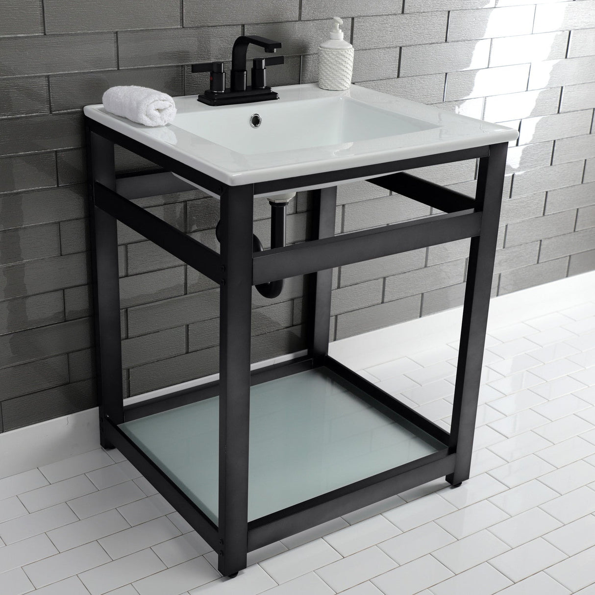 Fauceture VWP2522W4B0 25-Inch Ceramic Console Sink Set, White/Matte Black