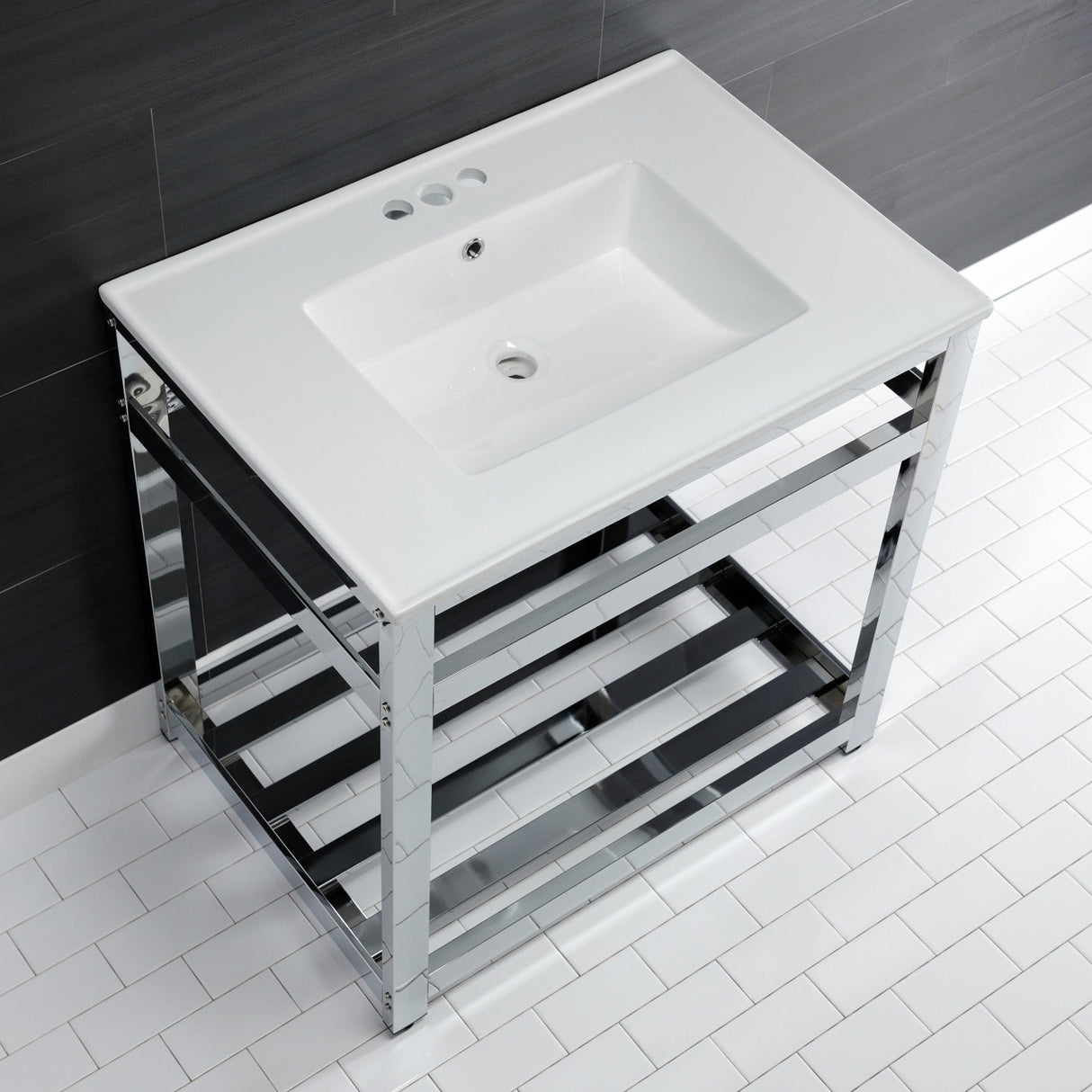 Fauceture VWP3122W4A1 31-Inch Ceramic Console Sink Set, White/Chrome