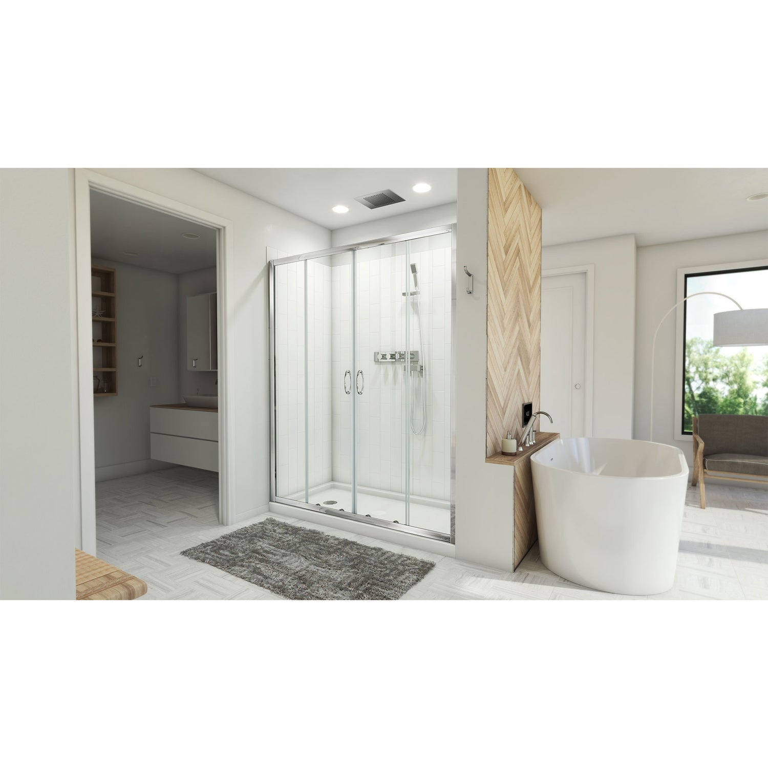 DreamLine Visions 32 in. D x 60 in. W x 78 3/4 in. H Sliding Shower Door, Base, and White Wall Kit in Chrome
