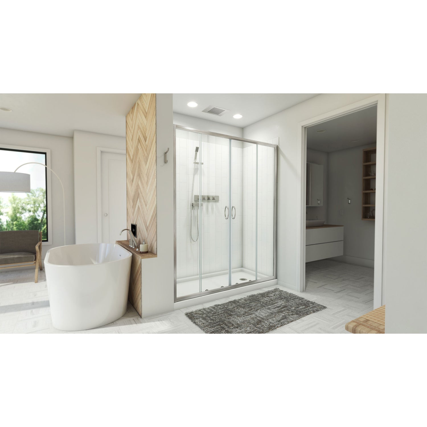 DreamLine Visions 30 in. D x 60 in. W x 78 3/4 in. H Sliding Shower Door, Base, and White Wall Kit in Brushed Nickel
