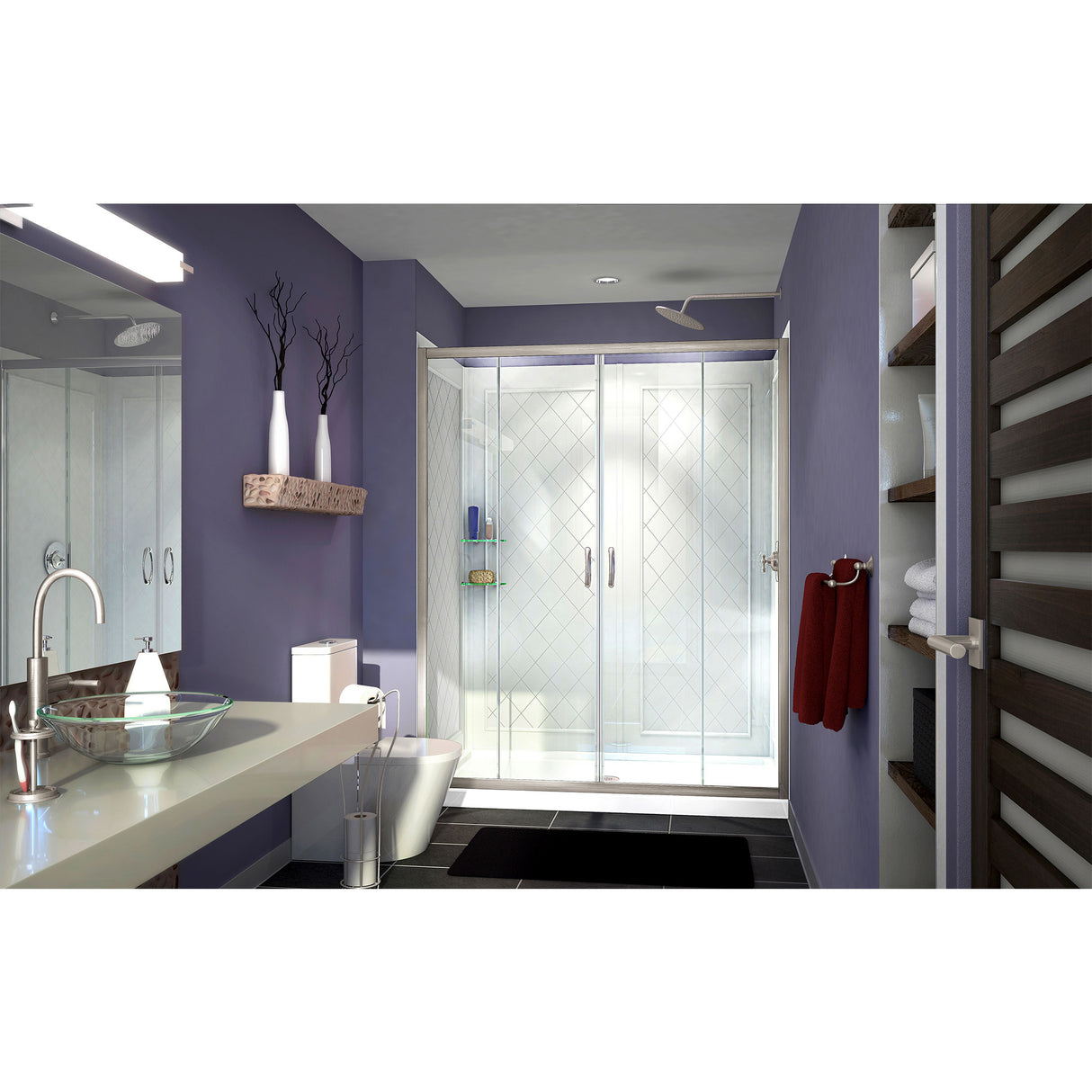 DreamLine Visions 36 in. D x 60 in. W x 76 3/4 in. H Sliding Shower Door in Brushed Nickel with Center Drain White Base, Wall Kit