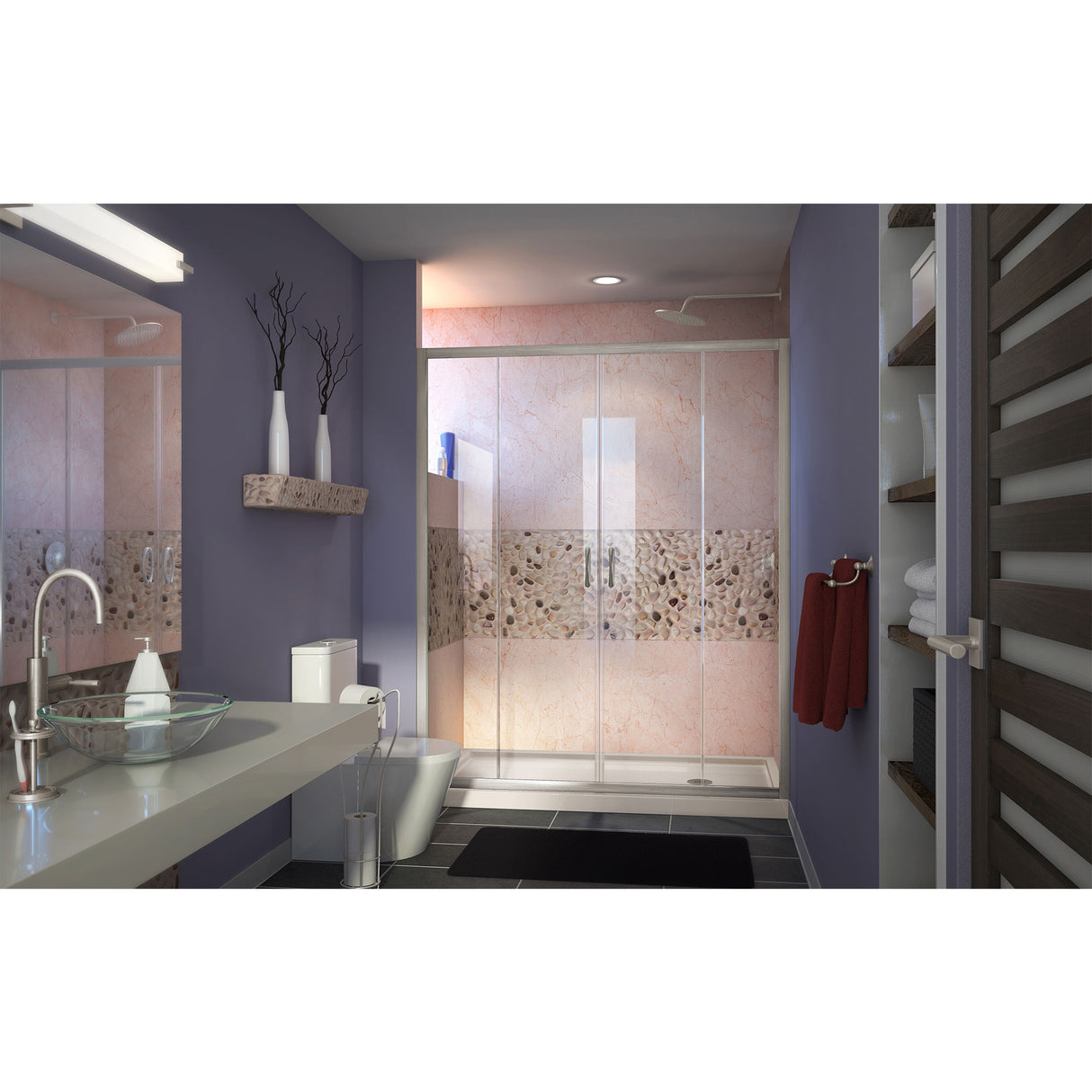 DreamLine Visions 34 in. D x 60 in. W x 74 3/4 in. H Sliding Shower Door in Brushed Nickel with Right Drain Biscuit Shower Base