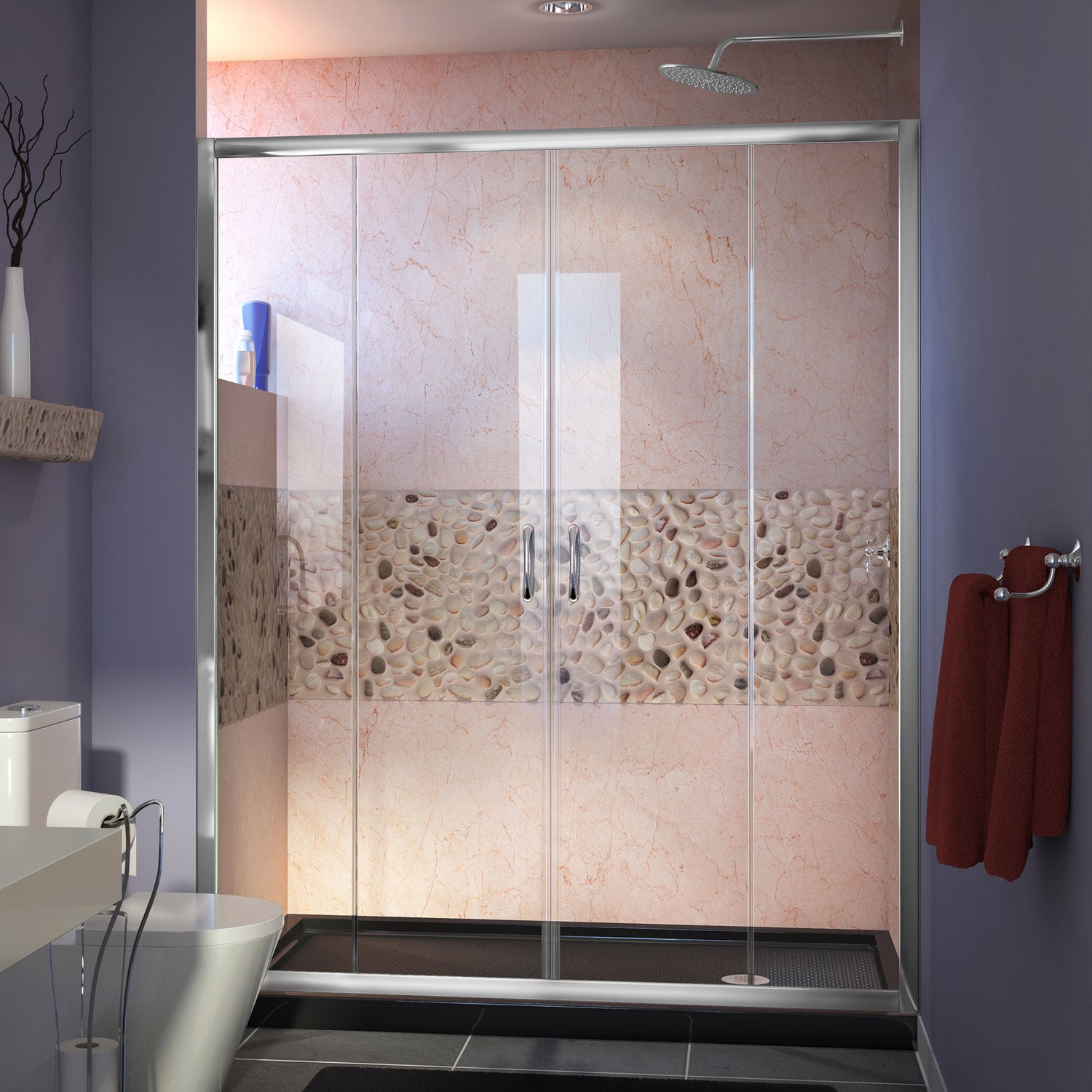 DreamLine Visions 30 in. D x 60 in. W x 74 3/4 in. H Sliding Shower Door in Chrome with Right Drain Black Shower Base
