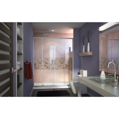 DreamLine Visions 32 in. D x 60 in. W x 74 3/4 in. H Sliding Shower Door in Brushed Nickel with Left Drain White Shower Base