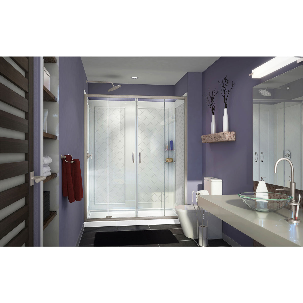 DreamLine Visions 34 in. D x 60 in. W x 76 3/4 in. H Sliding Shower Door in Brushed Nickel with Left Drain White Base, Wall Kit