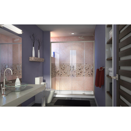 DreamLine Visions 34 in. D x 60 in. W x 74 3/4 in. H Sliding Shower Door in Brushed Nickel with Right Drain White Shower Base