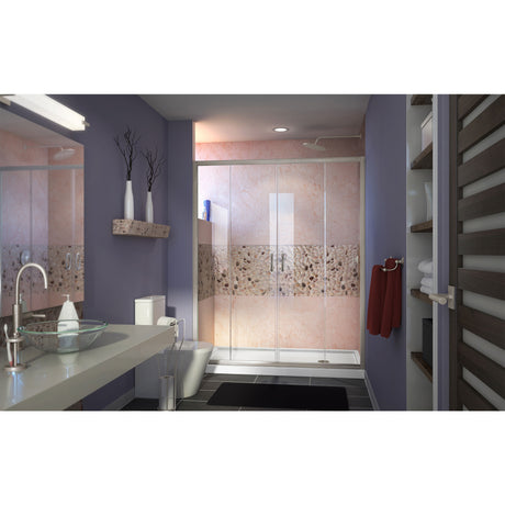 DreamLine Visions 30 in. D x 60 in. W x 74 3/4 in. H Sliding Shower Door in Brushed Nickel with Right Drain White Shower Base