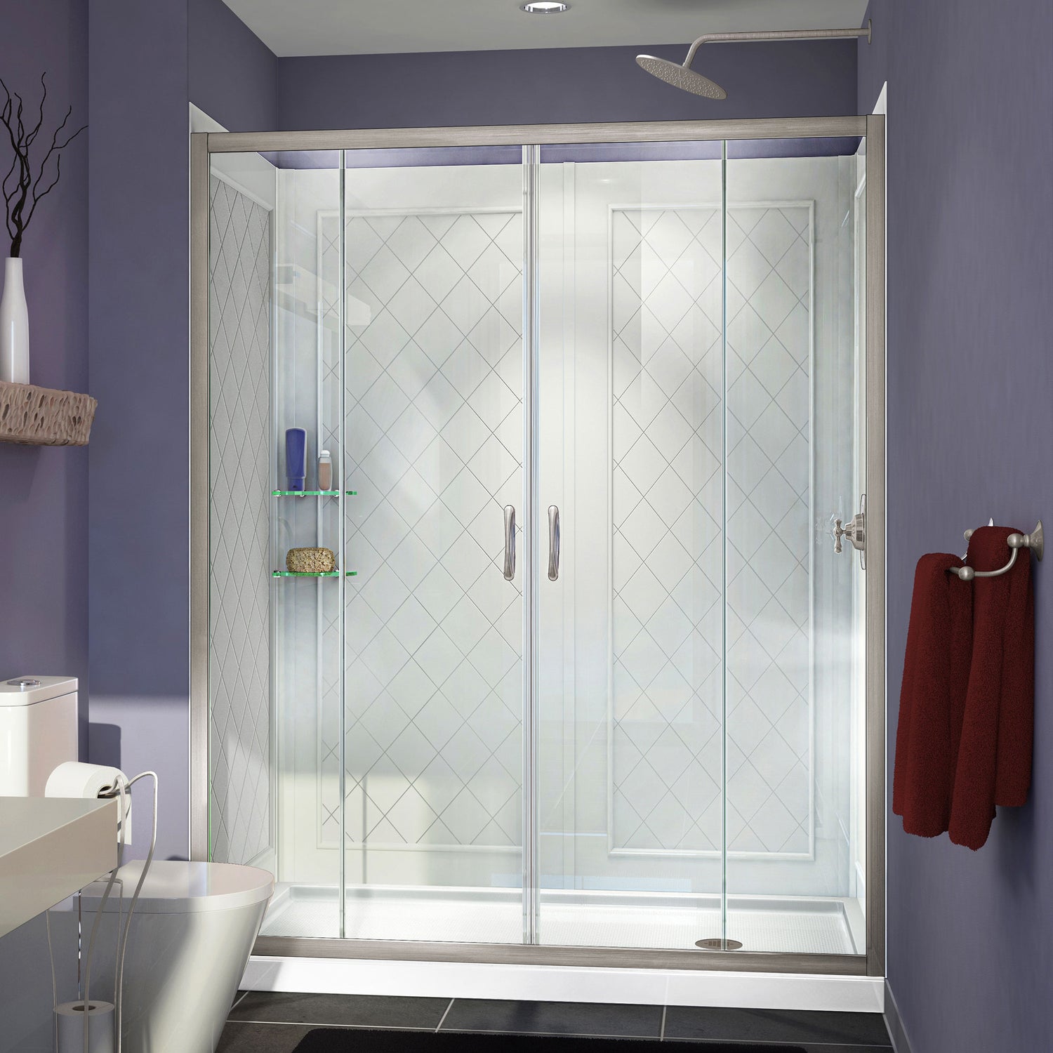 DreamLine Visions 30 in. D x 60 in. W x 76 3/4 in. H Sliding Shower Door in Brushed Nickel with Right Drain White Base, Wall Kit