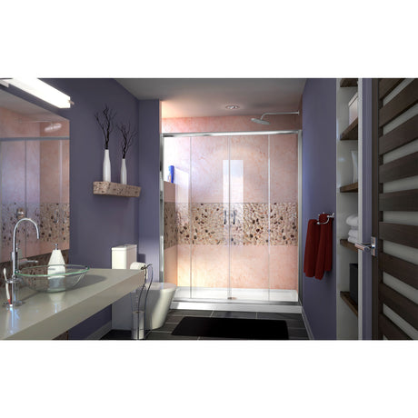 DreamLine Visions 30 in. D x 60 in. W x 74 3/4 in. H Sliding Shower Door in Chrome with Center Drain White Shower Base