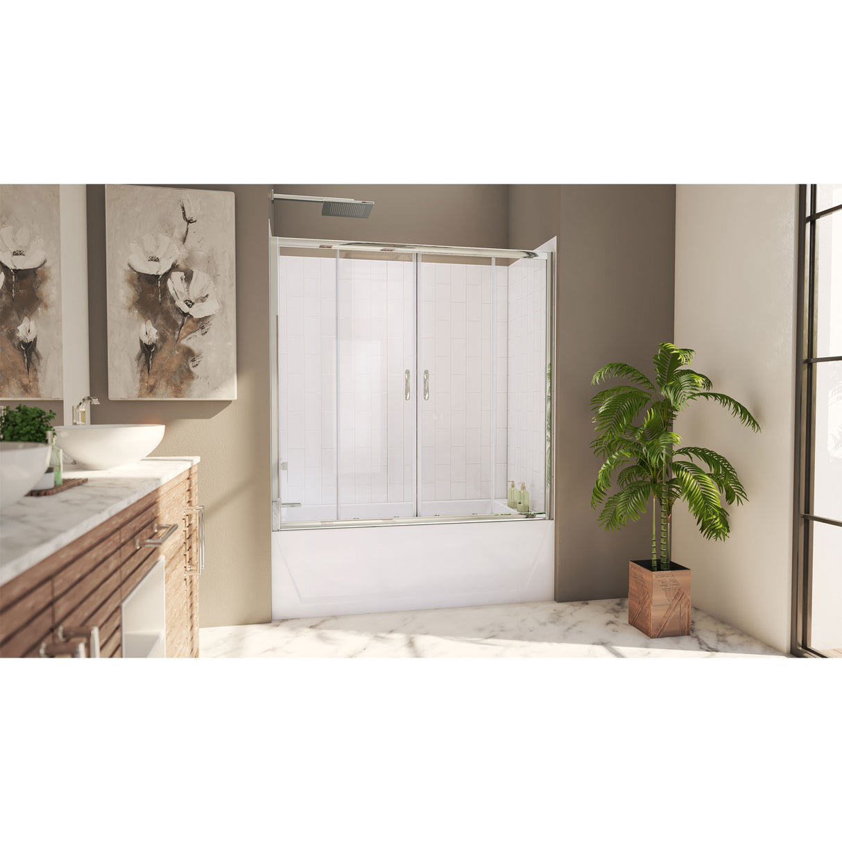 DreamLine Visions 56-60 in. W x 60 in. H Sliding Tub Door and White Wall Kit in Chrome
