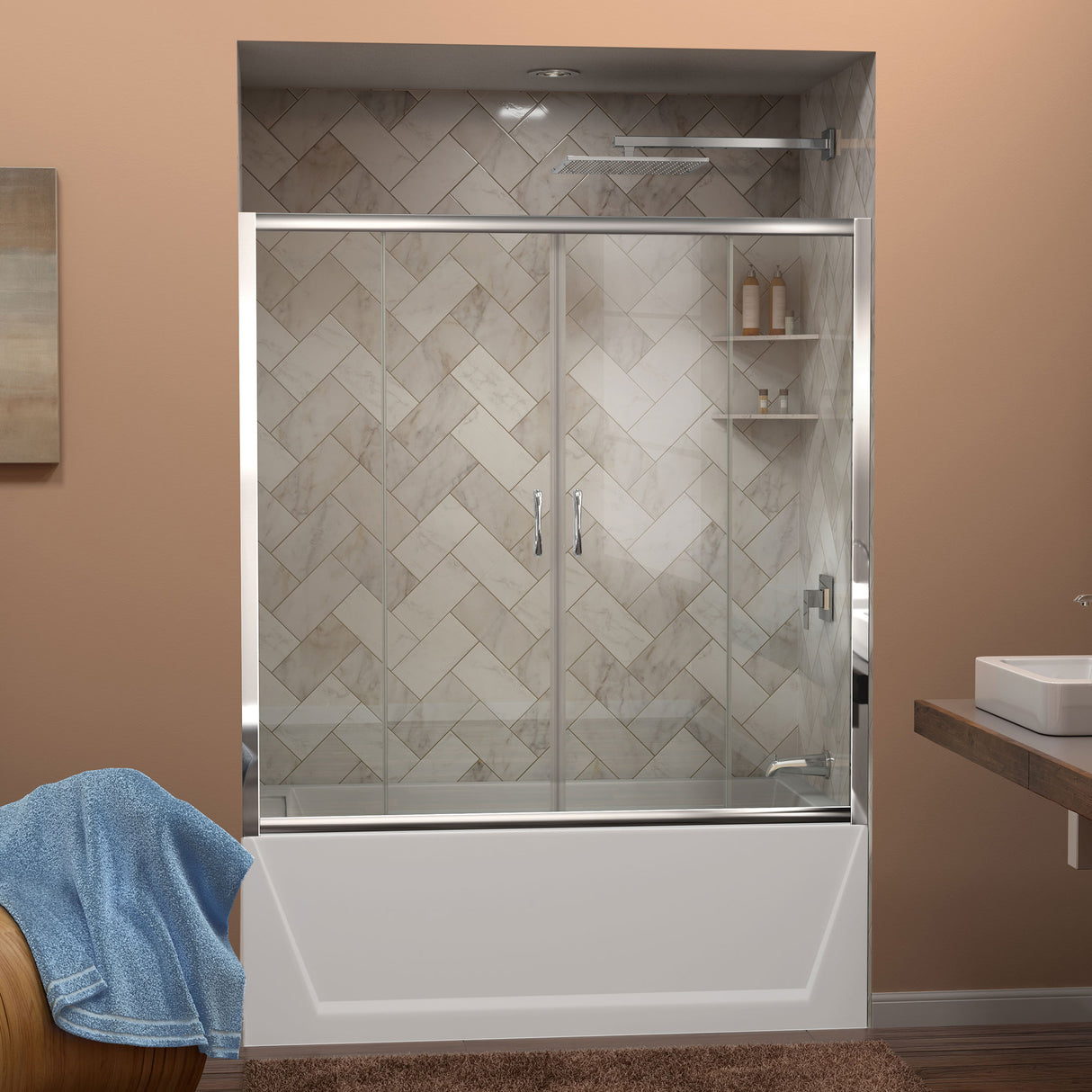 DreamLine Visions 56-60 in. W x 58 in. H Semi-Frameless Sliding Tub Door in Chrome